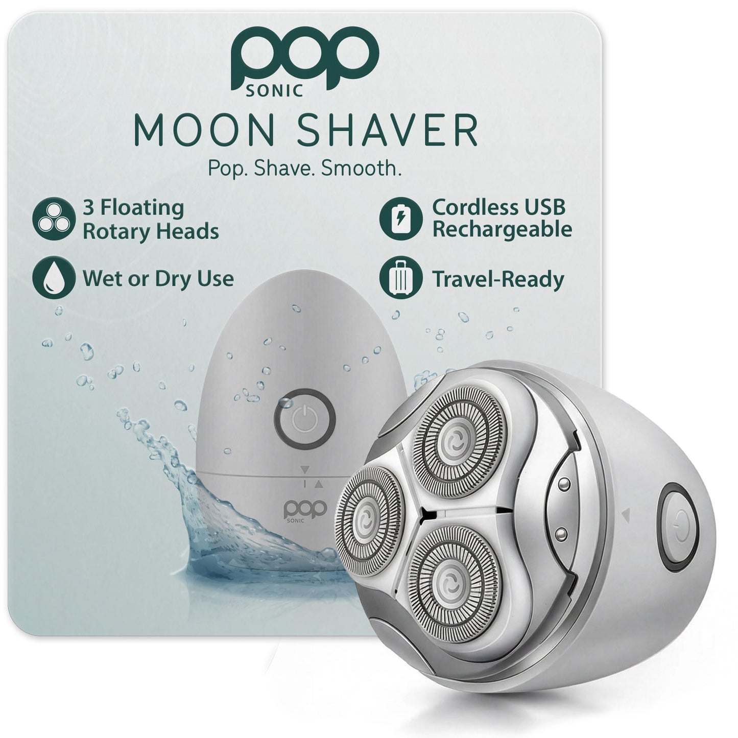 Pop Sonic Moon Shaver (Silver) - Face & Body Shavers for Men & Women - 3 Floating Rotary Heads Face Shaver w/Removable Cap - Long Lasting Lithium-ion Beauty and Personal Care Pop Sonic