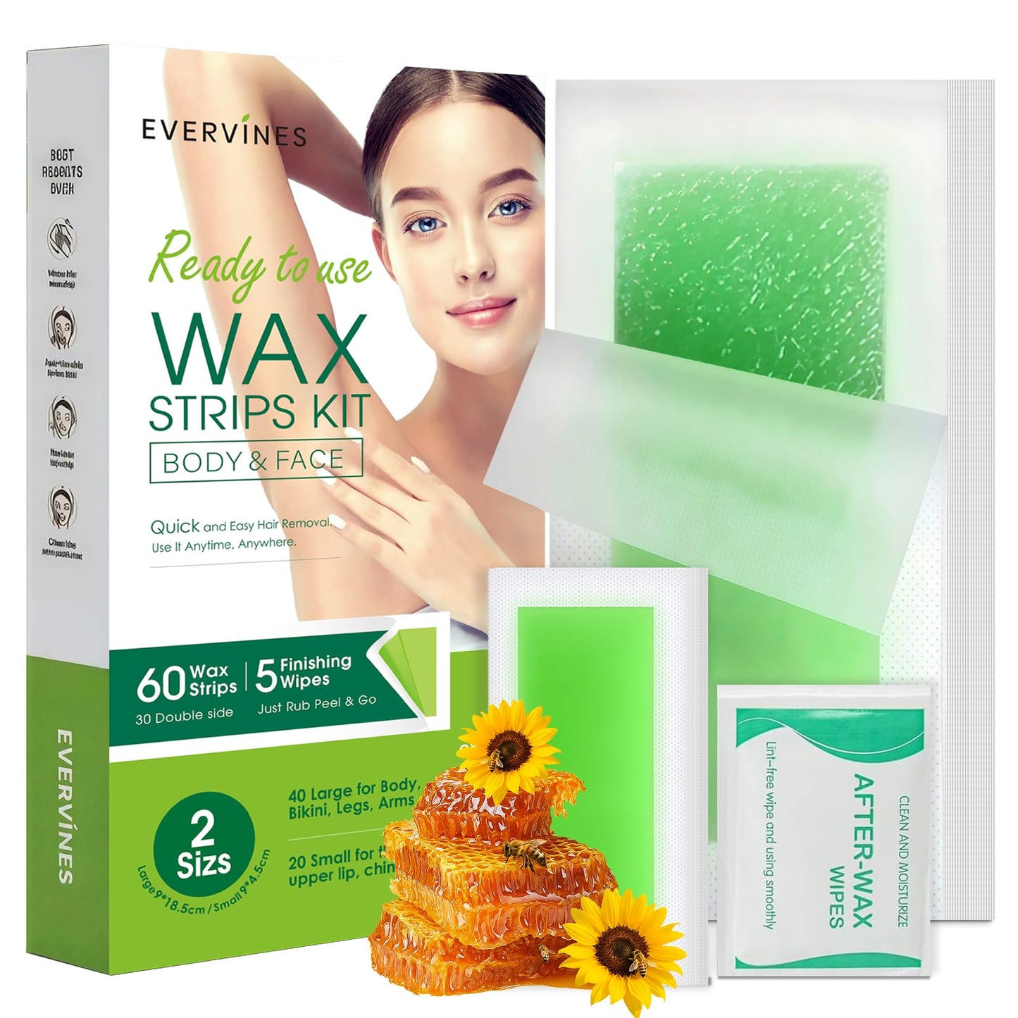 Evervines Facial & Body Wax Strips Kit - 60 PCS (40 Body & 20 Facial) for Hair Removal with 5 Oil Wipes - Removes Lip, Chin, Eyebrows, Bikini, Legs Beauty and Personal Care Evervines
