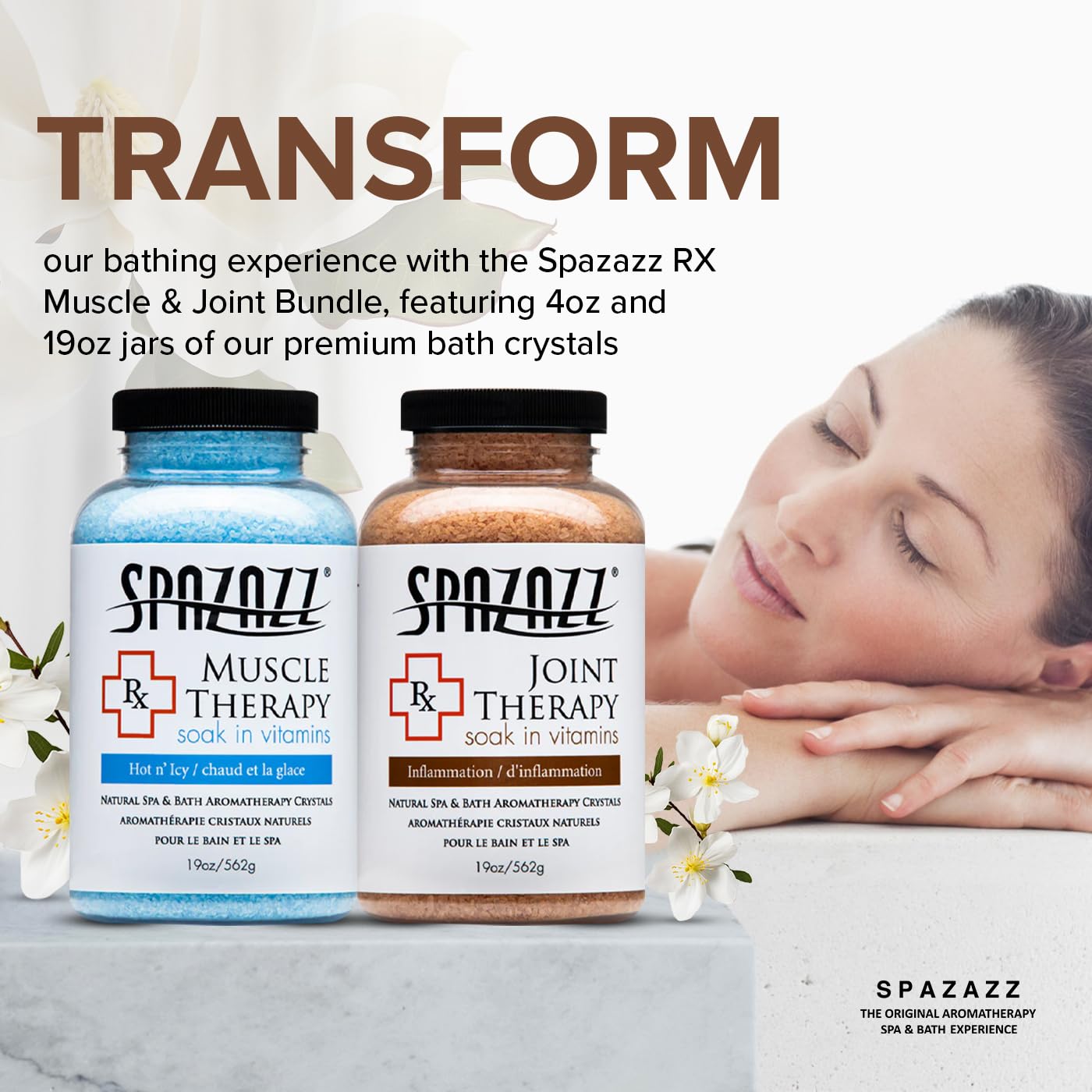 Spazazz Hot Tub Aromatherapy Spa and Bath Salts Crystals 2 Pack Bundle- One 19 Oz Jar Each Spazazz Muscle Therapy and Joint Therapy Plus a 5 Point Beauty and Personal Care Spazazz