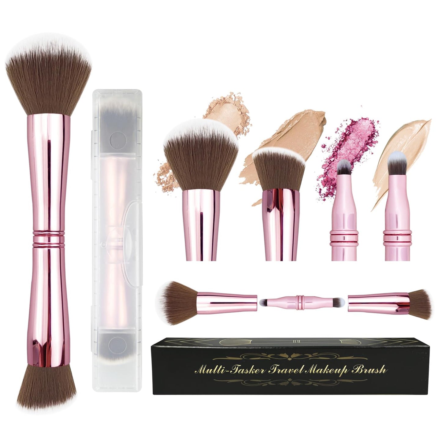 Voxora 4 in 1 Makeup Brush Set - All in One Powder/Blush, Foundation, Blending & Eyeshadow Brushes, Compact & Travel Essential Beauty & Personal Care Voxora