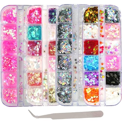 AddFavor 4 Boxes Holographic Nail Sequins Mixed Shapes Iridescent Glitter Flakes Hearts Star Moon DIY Design Manicure Nail Art Decorations Sets Beauty & Personal Care AddFavor