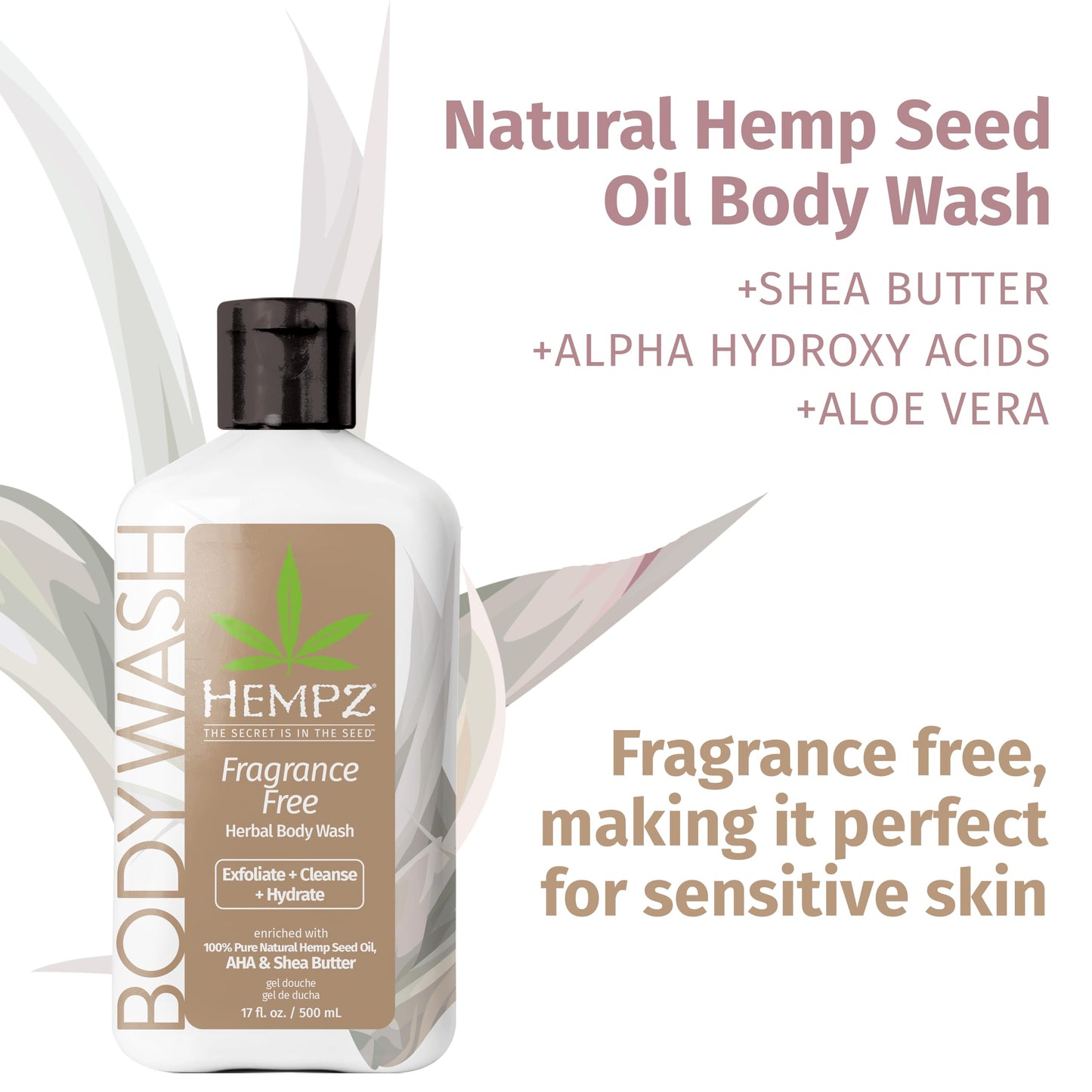 Hempz Body Wash - Fragrance Free - Hydrating for Sensitive Skin, Scented, Exfoliating with Shea Butter, Pure Hemp Seed Oil, and Algae for Sensitive Beauty & Personal Care Hempz