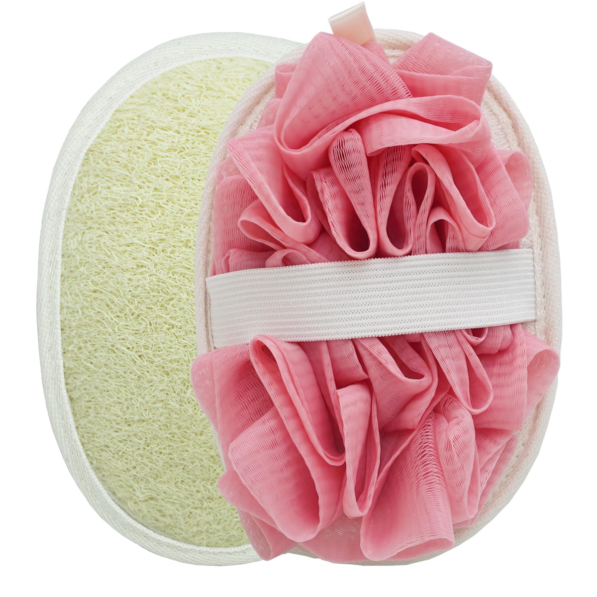 Double Sided Natural Loofah Exfoliating Body Scrubber and Mesh Pouf Bath Sponges for Shower Loofah Pad (2 Piece Set, White/Pink) Beauty and Personal Care VeridianLife