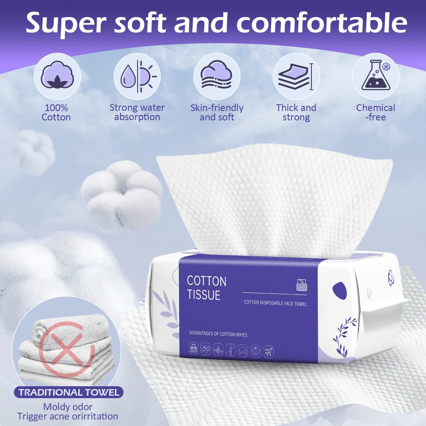 Disposable Face Towel 100 Count, Face Towels, Soft Cotton Dry Wipes Facial Cloths Towelettes for Washing and Drying, Facial Tissue for Cleansing Beauty and Personal Care cokoness