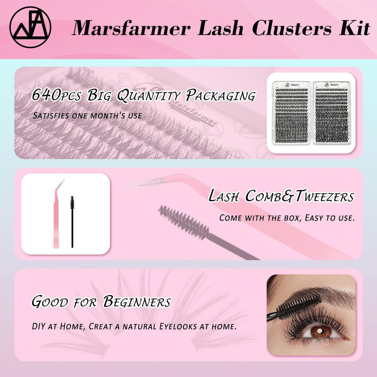 Marsfarmer 640pcs Individual Cluster Lashes Kit - False Eyelashes 9-16mm 40D+50D D Curl with Lash Cluster Applicator Tweezer, Reusable Beauty & Personal Care Marsfarmer