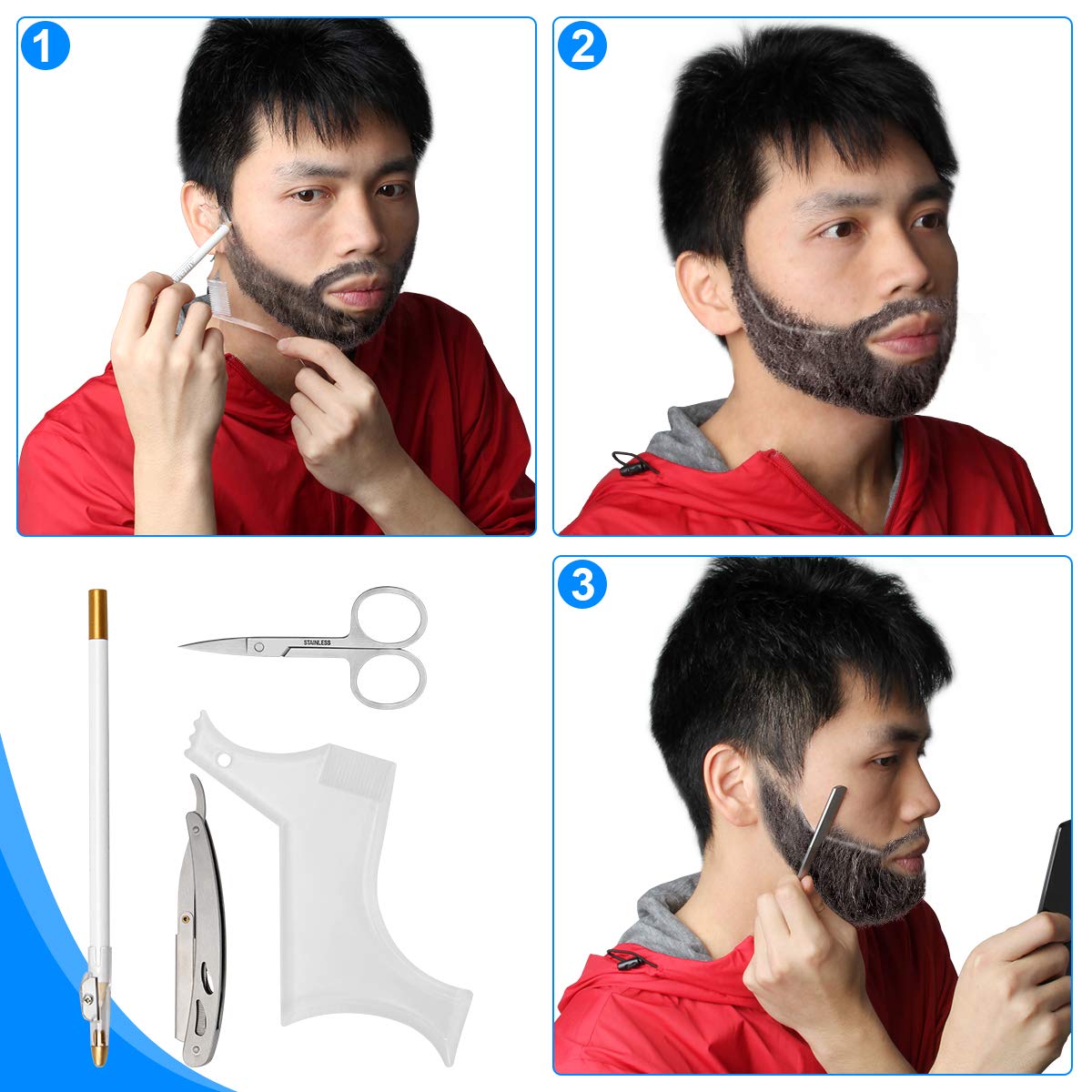 Ahier Beard Shaping Tools, 5-in-1 Beard Shaping Set with Straight Edge Razor and 10 P blade, Barber Pencil, Beard Trimming Scissors, Gift for Men Beauty and Personal Care AHIER