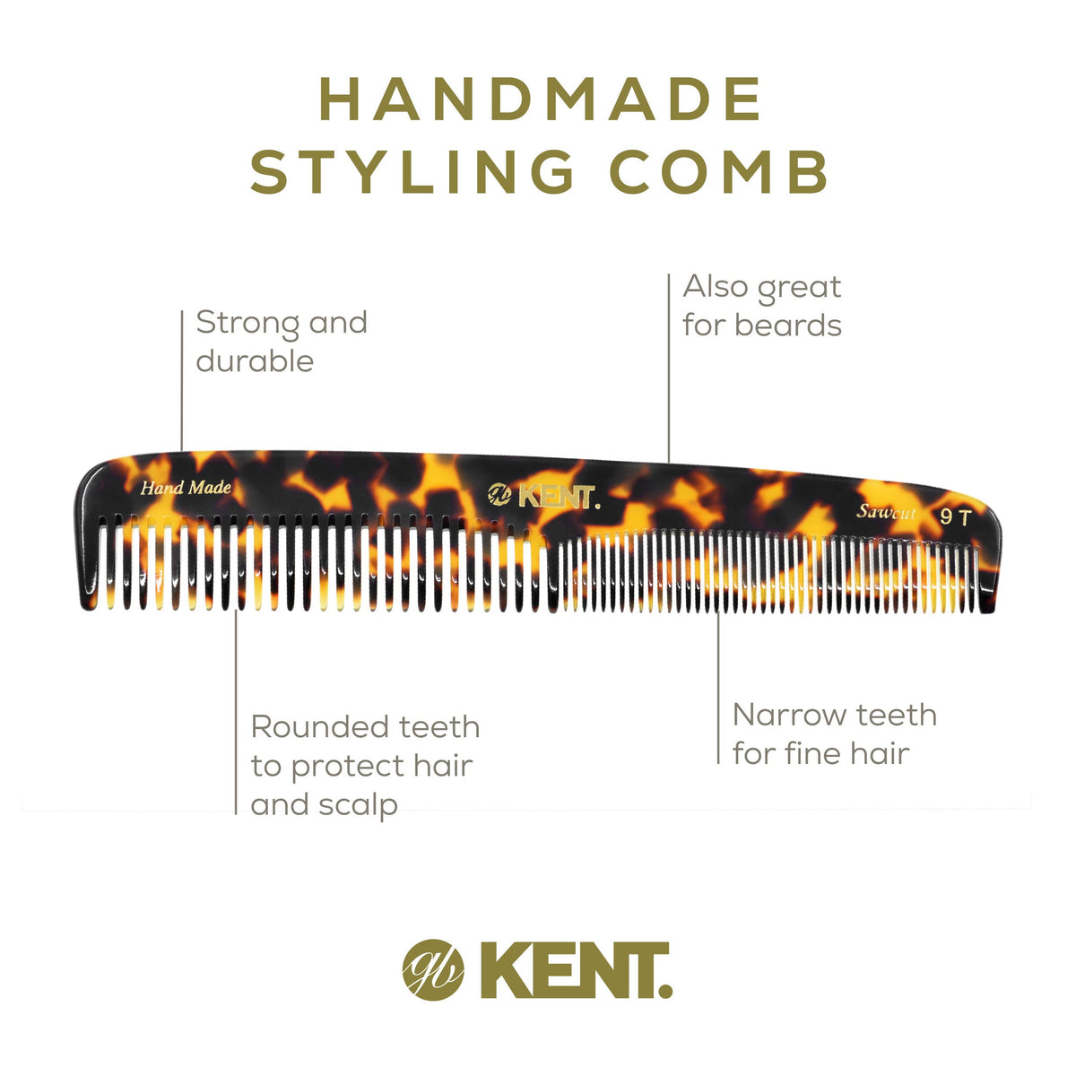 KENT 9T Fine Tooth & Wide Tooth Comb Detangler - Large Handmade Saw-Cut Dressing Comb - Wet/Dry Hair Comb for Women & Men, Made in England (Yellow