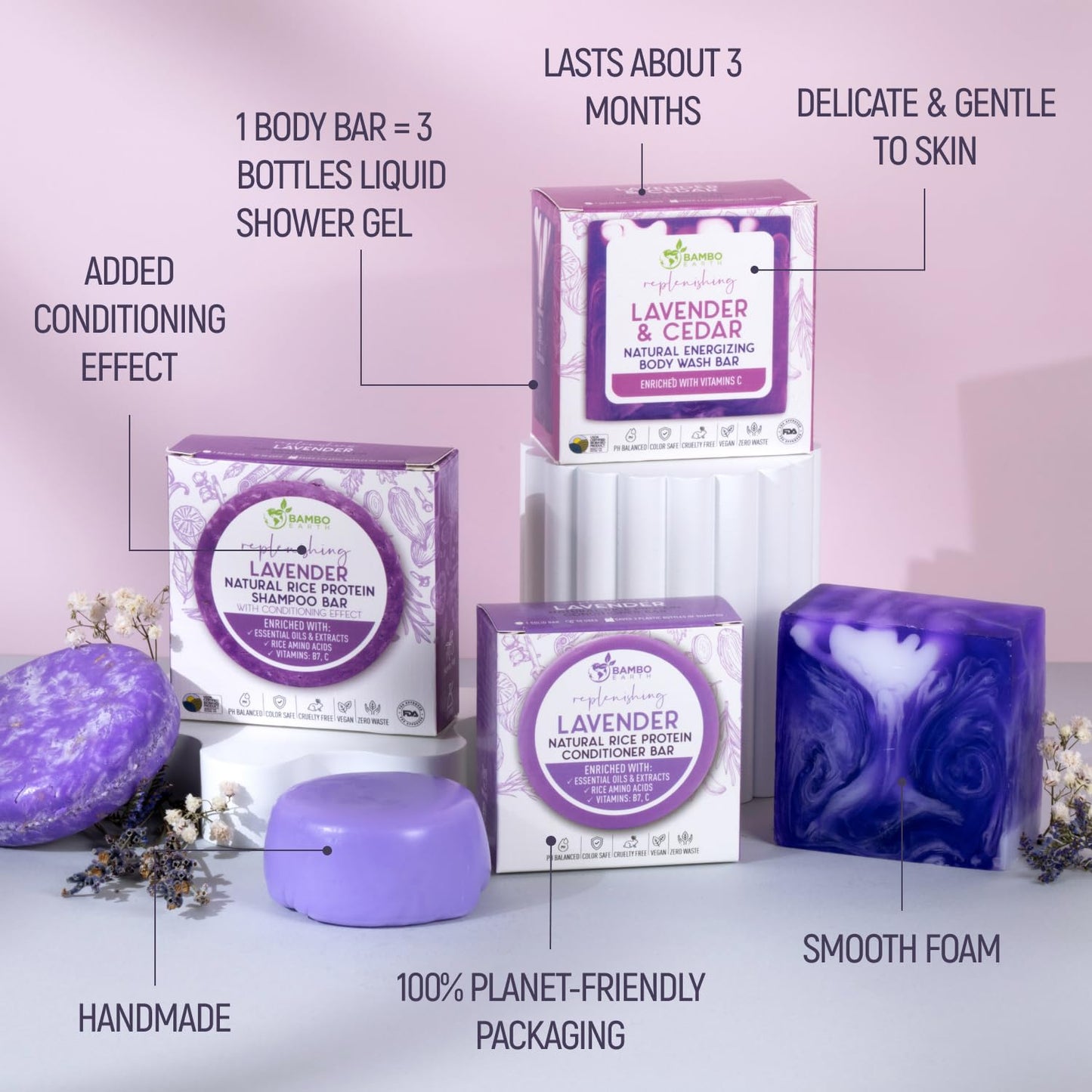 Solid Rice Protein Shampoo, Conditioner and Body Wash Bundle | Shampoo, Conditioner & Wash Bars For Hair and Body w/All Natural Plant Based Essential Beauty & Personal Care BAMBOEARTH