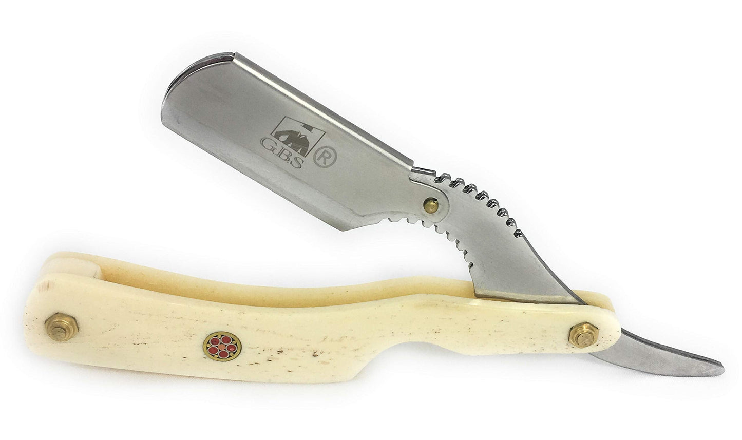 GBS Classic Straight Edge Razor Barber Shavette + Brush and Razor Stand - Ivory Horn Handle - Gold Accents + 10 Blades Men's Manual Shaver Excellent Beauty and Personal Care GBS