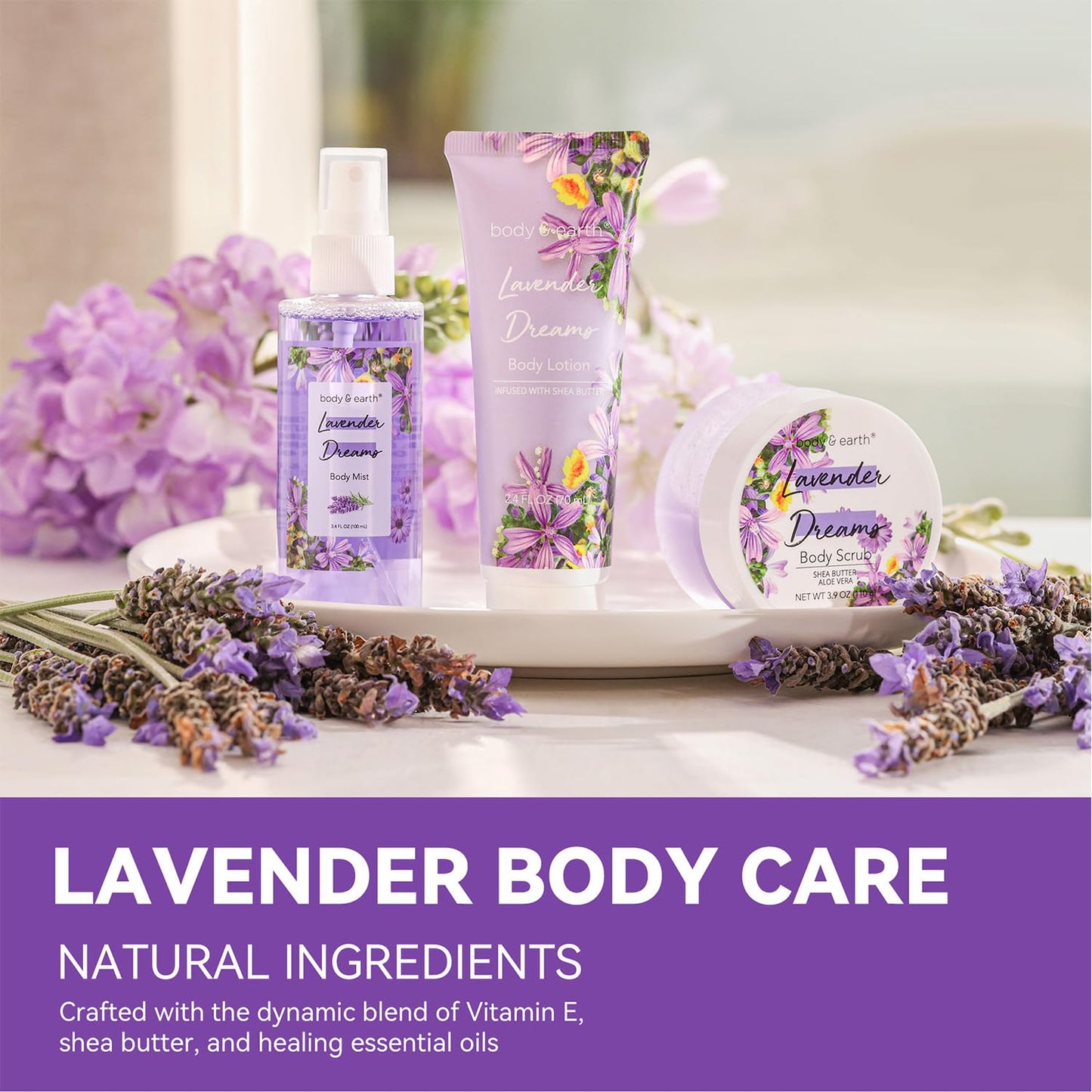 BODY & EARTH Body Mist Gift Set - Spa Gifts for Women, Perfume, Body Lotion, and Body Scrub in a Lavender Dreams Box- Perfect Birthday Gifts for Moms Beauty & Personal Care BODY & EARTH