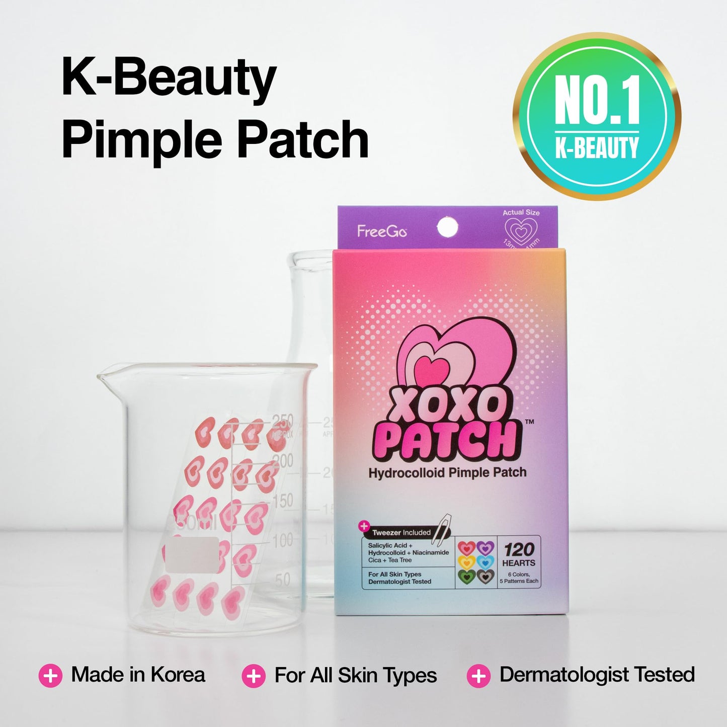 FreeGo XOXO Hydrocolloid Pimple Patch 120 Counts | Cute Colorful Heart Shape | Salicylic Acid, Niacinamide, CICA, Tea Tree | Made in Korea Beauty & Personal Care FreeGo