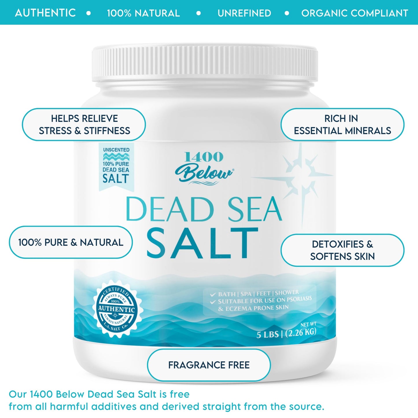 LA SALT CO 1400 Below 5 Lbs Jar Dead Sea Salt, Fine Grain - Foot and Spa Bath Soak, Exfoliating Body Scrub, 100% Pure and Mineral-Rich, Highest Beauty and Personal Care LA SALT CO