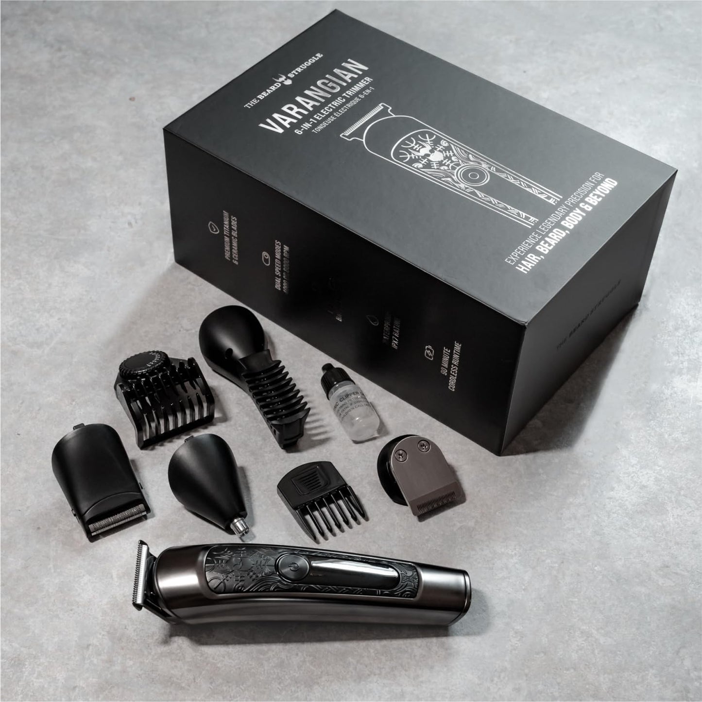 The Beard Struggle Varangian Beard Trimmer® 6-in-1 for Hair, Beard, Body & Beyond, Titanium Blade, 17 Length Adjustable Blade with Digital LED Beauty and Personal Care The Beard Struggle