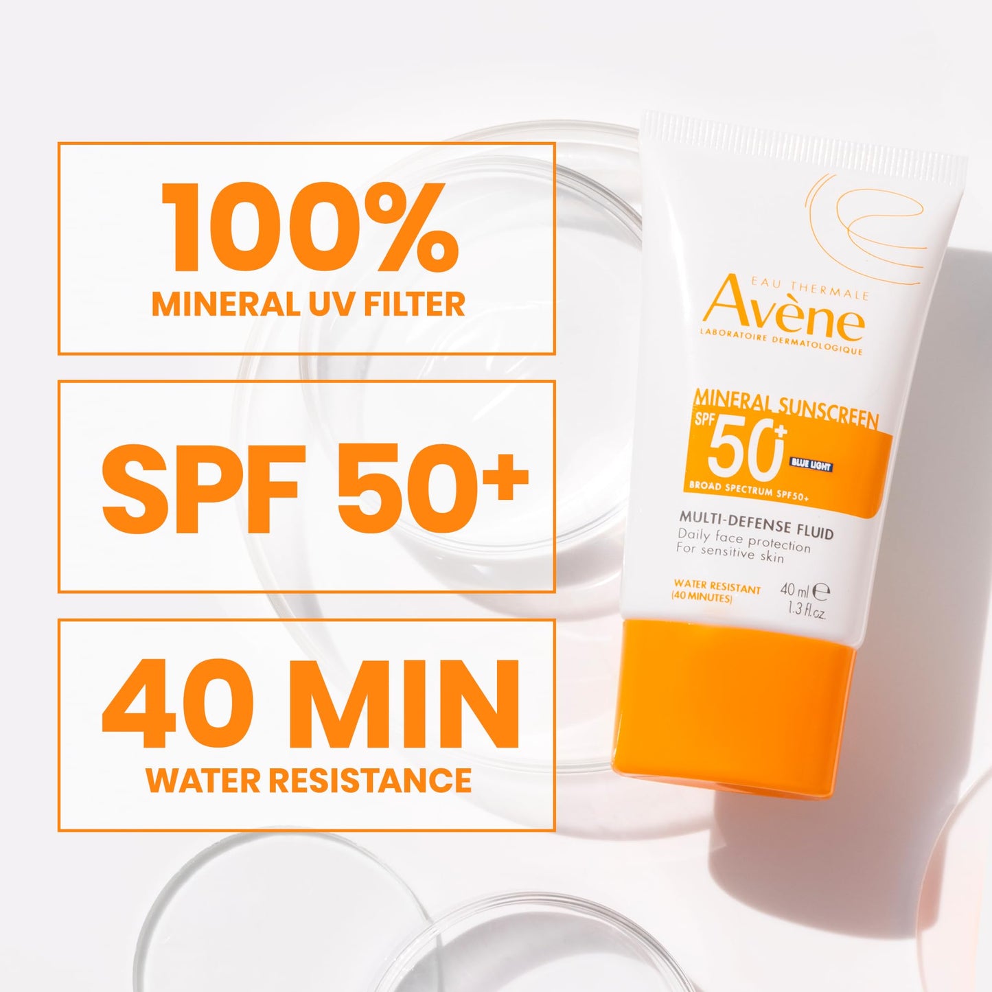 Avène Mineral Sunscreen Multi-Defense Fluid SPF 50+, Clean Formula Sunscreen for Sensitive Skin, Sheer, Water Resistant, Non-Whitening, Antioxidant Beauty & Personal Care Avène