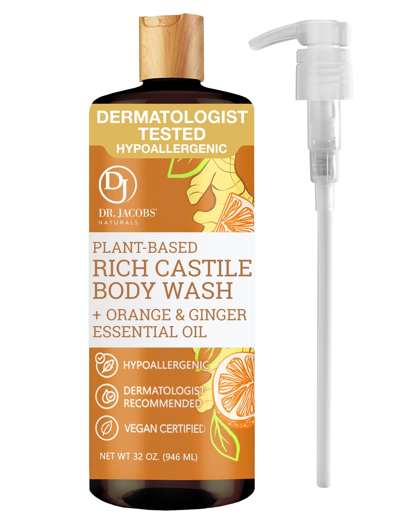 Dr. Jacobs Naturals Castile Orange and Ginger All-Natural Body Wash for Moisturizing Dry Skin with Plant-Based Ingredients with Pump - 32 Ounce Beauty & Personal Care DR.JACOBS NATURALS