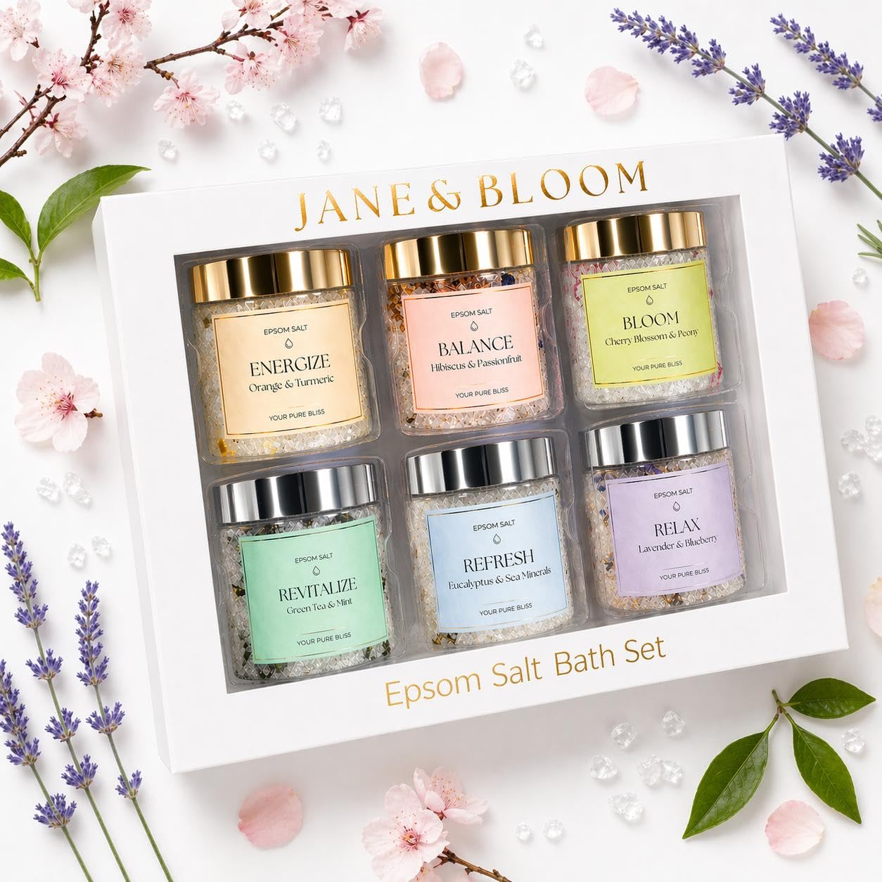 Epsom Salt Bath Gift Set - 6 Aromatherapy Blends with Essential Oils - Bath & Body Gift Set for Women, Stress Relief, Self Care, Birthday Gifts - Jane Beauty and Personal Care Jane & Bloom