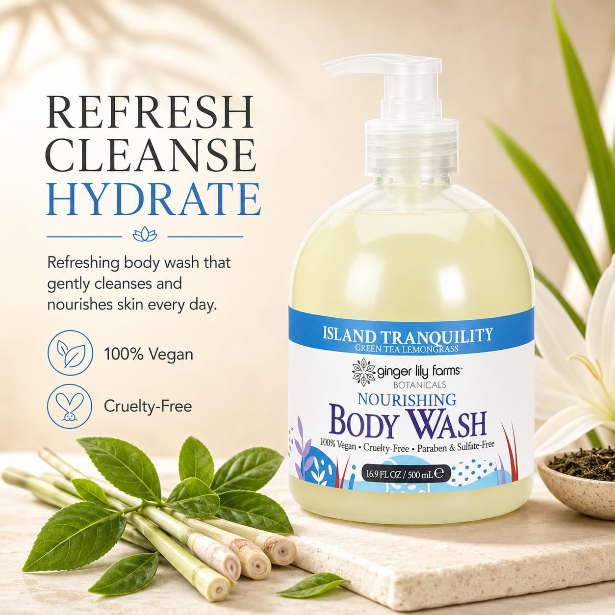 Ginger Lily Farms Botanicals Nourishing Body Wash, Island Tranquility, 100% Vegan & Cruelty-Free, Green Tea & Lemongrass Scent, 16.9 Fl Oz Beauty & Personal Care Ginger Lily Farms