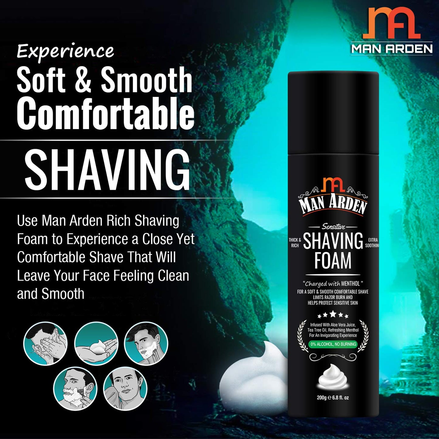 Man Arden Man Arden Shaving Foam For Sensitive Skin - Charged with Menthol, Aloevera and Tea Tree, 200g Beauty and Personal Care Man Arden