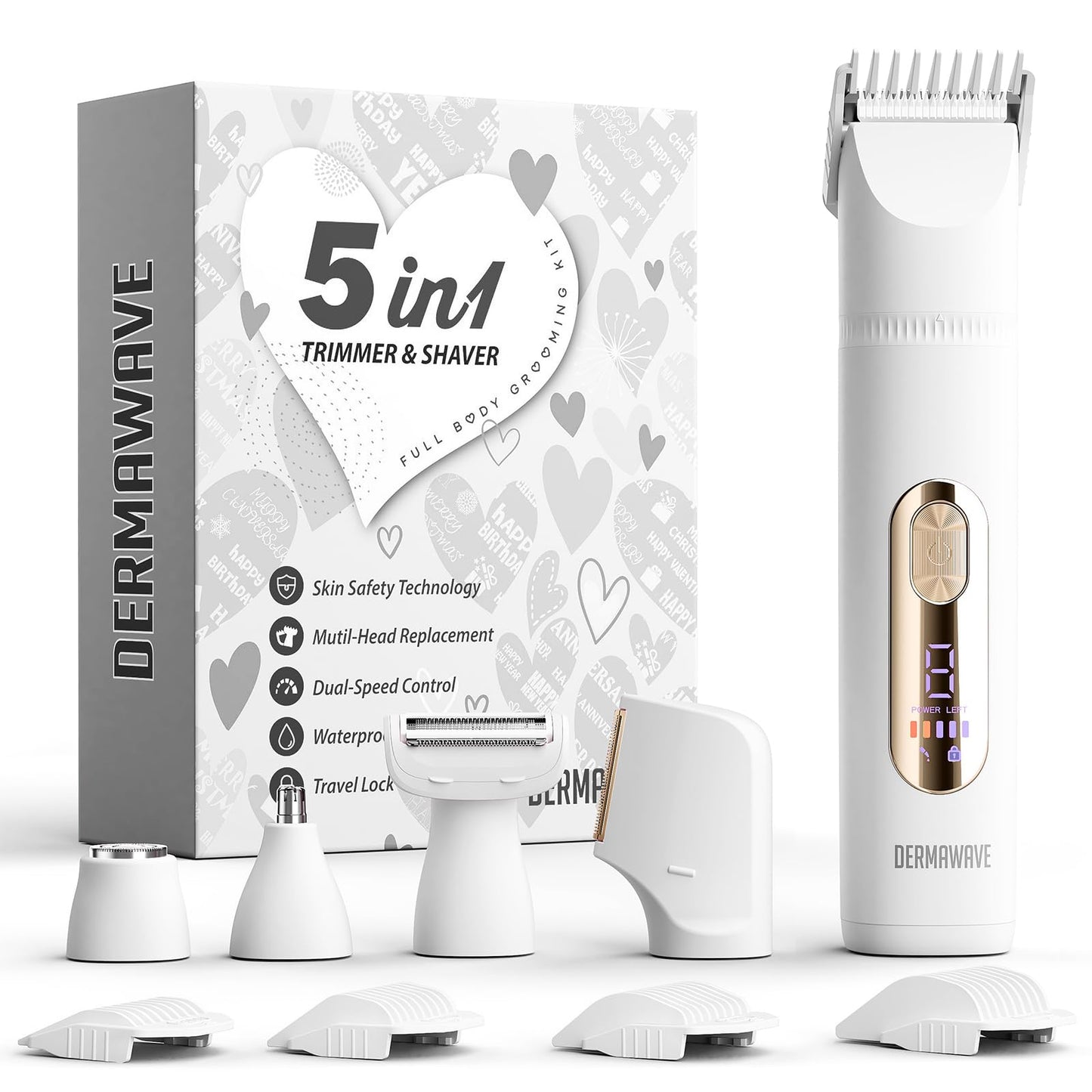 DERMAWAVE 5-in-1 Electric Bikini Trimmer for Women Pubic Hair, Waterproof Electric Razor Foil Shaver Hair Trimmer Epilator for Face, Nose, Ear, Bikini Beauty and Personal Care DERMAWAVE