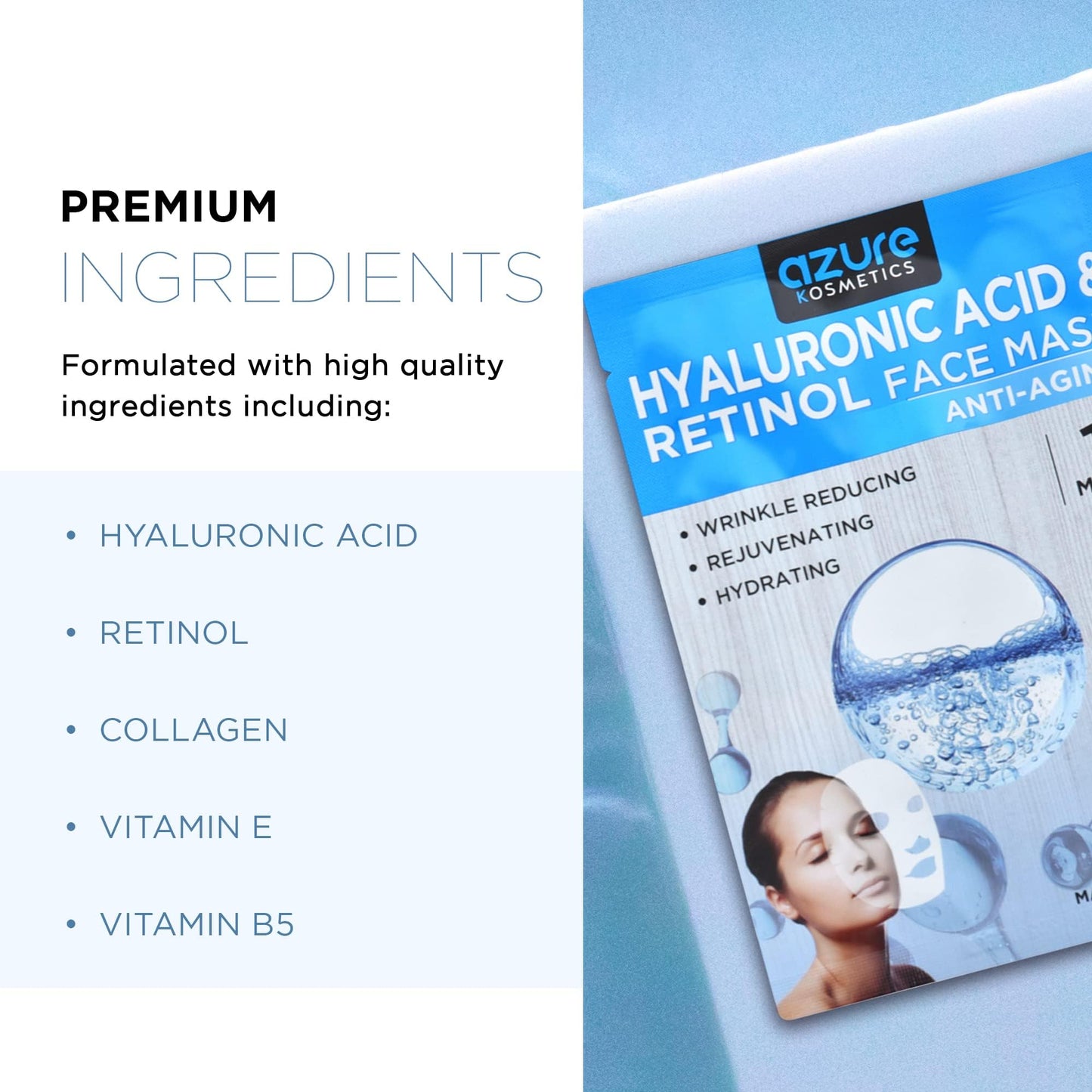 Azure Cosmetics Hyaluronic Acid & Retinol Anti Aging Face Mask - Dermatologist Tested - Rejuvenating & Hydrating - Helps Reduce Fine Lines Beauty & Personal Care Azure Cosmetics