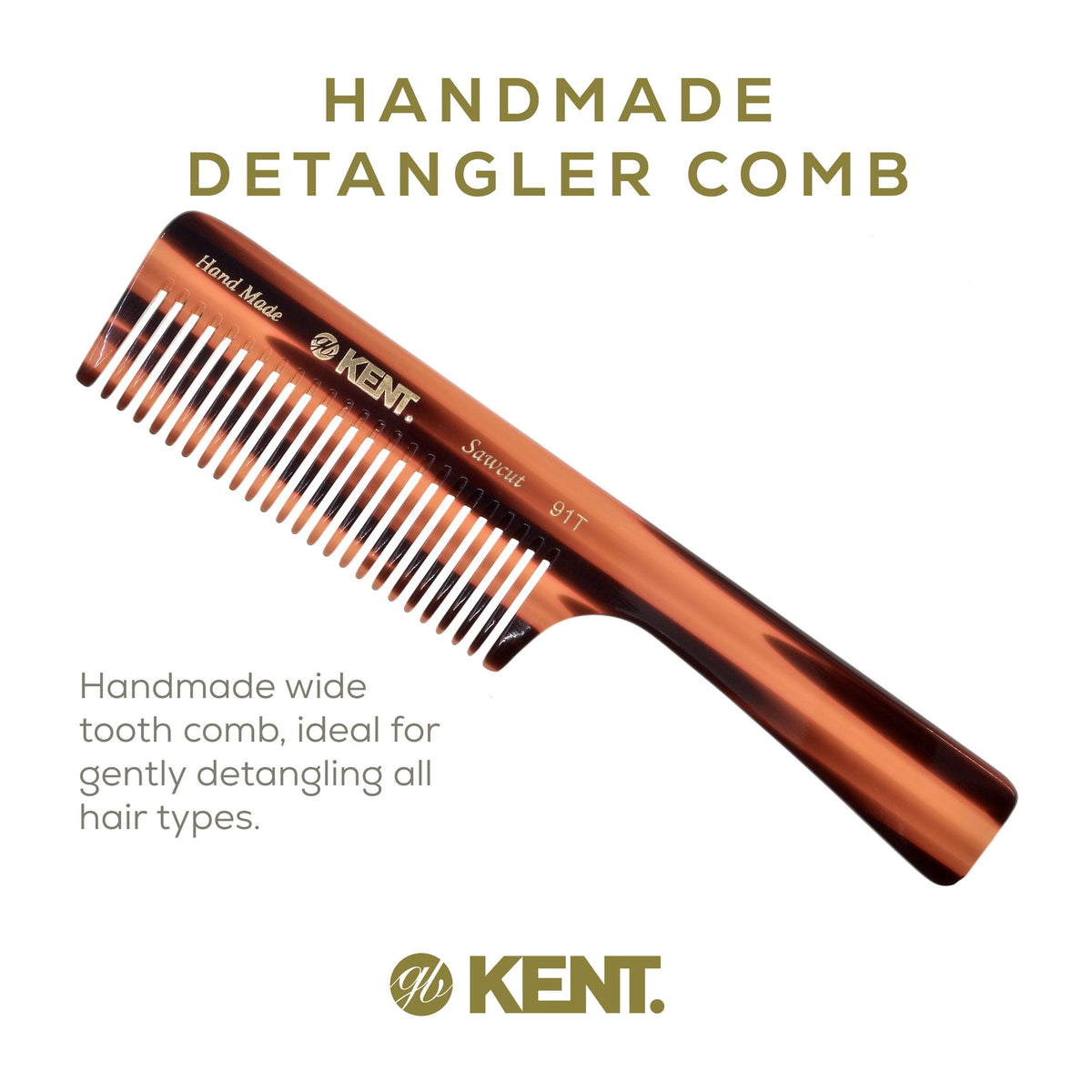Kent 91T Wide Tooth Detangler Hair Comb for Women and Men - for Curly and Wavy Hair - Wet Hair Comb, Large Handle Wide Tooth Shower Comb for Effective