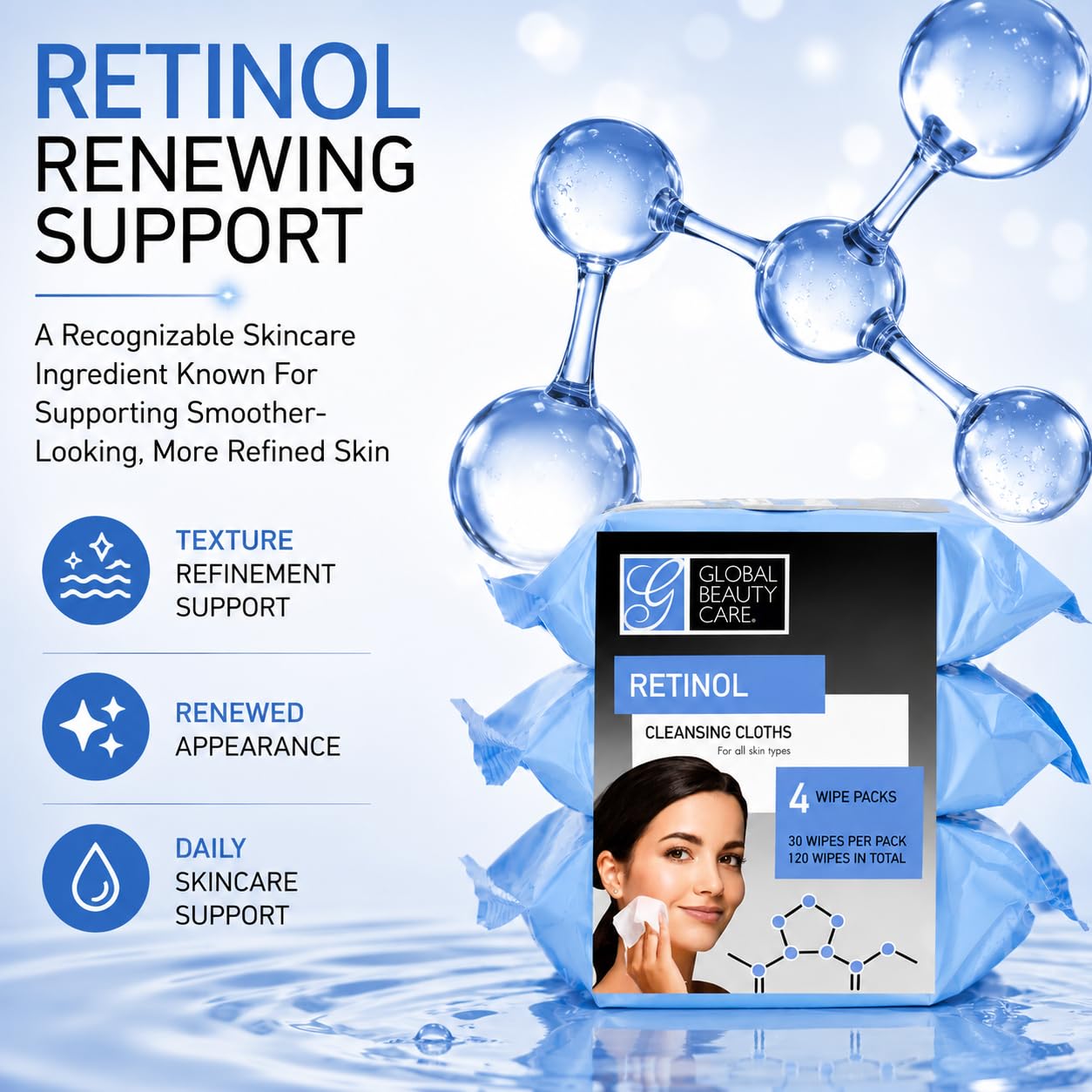 Global Beauty Care Retinol Makeup Remover Wipes with Collagen Renewing Support - Facial Cleansing Cloths, Remove Waterproof Mascara, Oil & Dirt Beauty & Personal Care Global Beauty Care