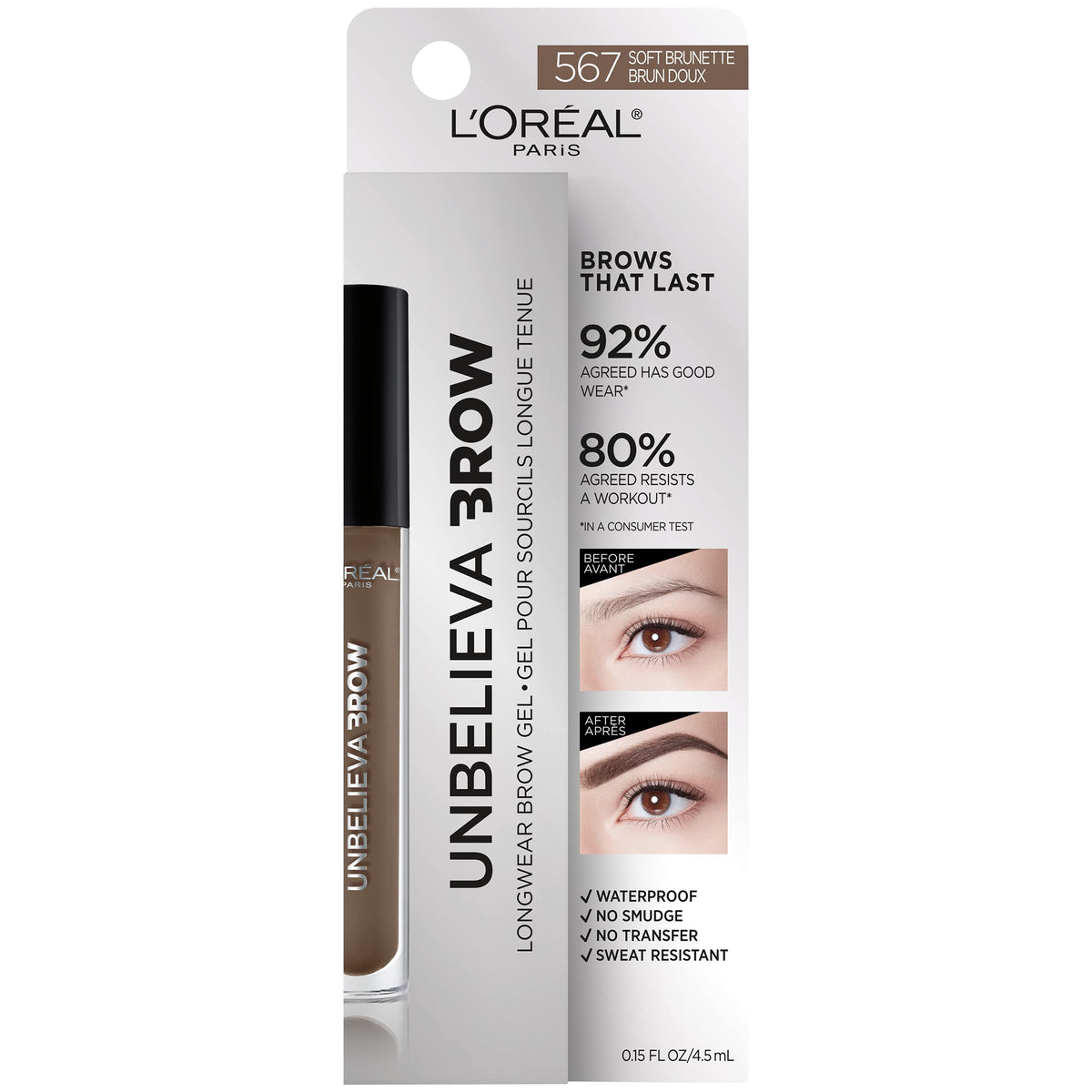 L'Oreal Paris Unbelieva-Brow Longwear Waterproof Tinted Brow Gel, Smudge-resistant, Transfer- Proof, Quick Drying, Easy and quick application