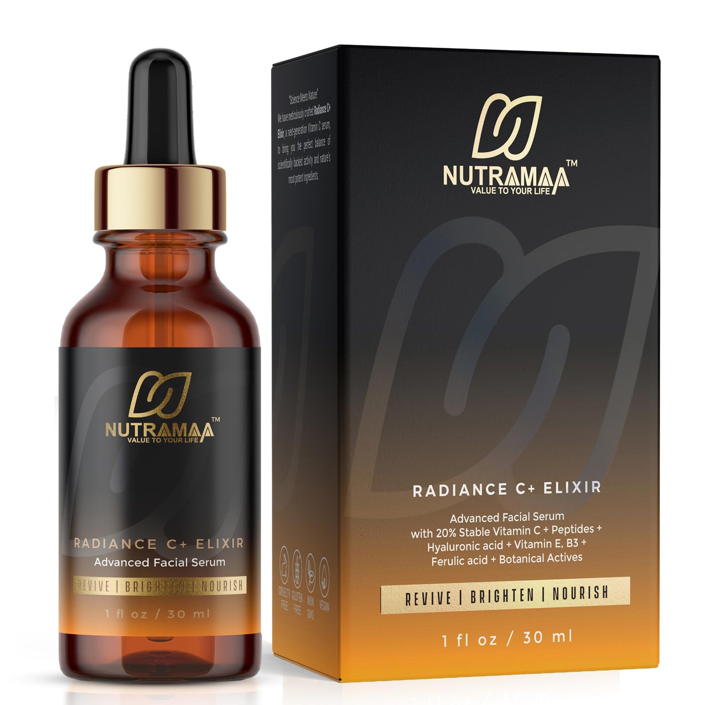 Radiance C+ Elixir 20% Vitamin C Face Serum with Hyaluronic Acid & Peptides, Ferulic Acid + Vitamin E - Brightening, Hydrating, Anti Aging Beauty & Personal Care NUTRAMAA