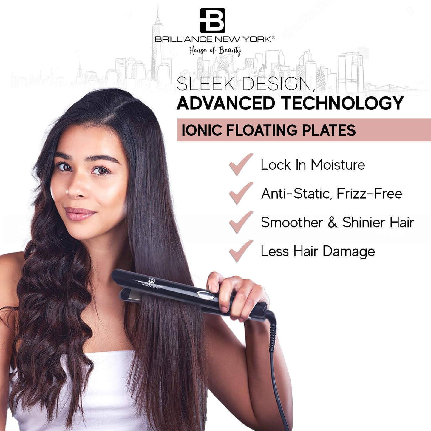 Brilliance New York - 1 Inch Diamond Titanium Flat Iron - 2 in 1 Hair Straightener and Curler - Anti-Static, Frizz-Free Ionic Plates - Auto Shut-Off Beauty & Personal Care Brilliance New York