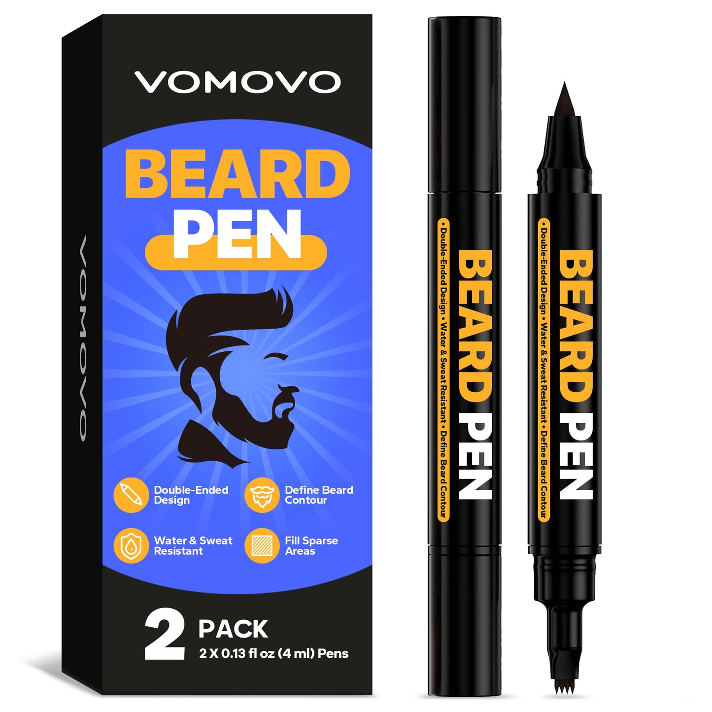Vomovo Beard Pen Filler for Men (Black, 2 Pack), Barber Styling Grooming Pencil, Waterproof & Sweat Proof, Cover Beard & Facial Hair in Seconds, Long Beauty and Personal Care Vomovo