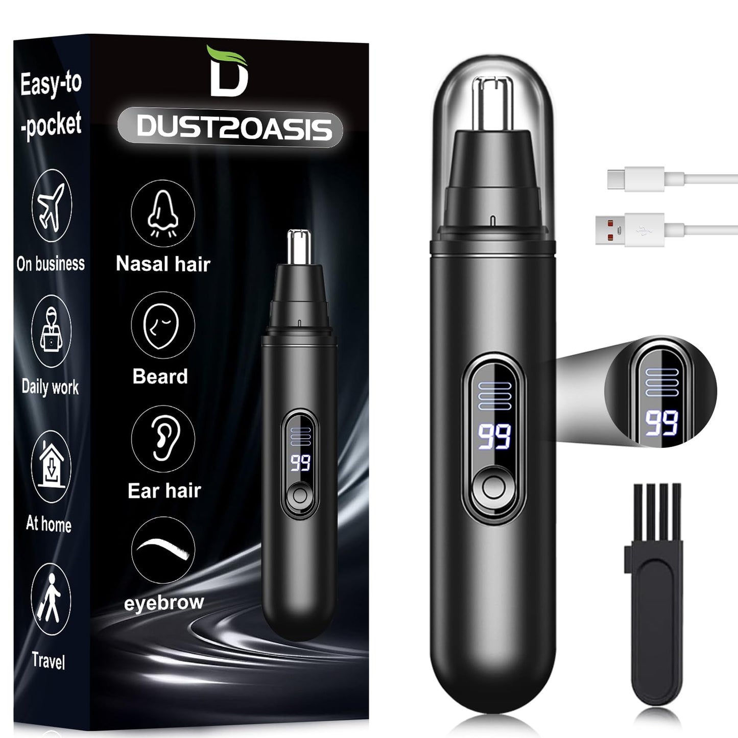 Dust2Oasis Ear and Nose Hair Trimmer for Men Women,14,000 RPM Motor with LED Display, Rechargeable Ear Hair Trimmer with Dual Edge Blades Beauty and Personal Care Dust2Oasis