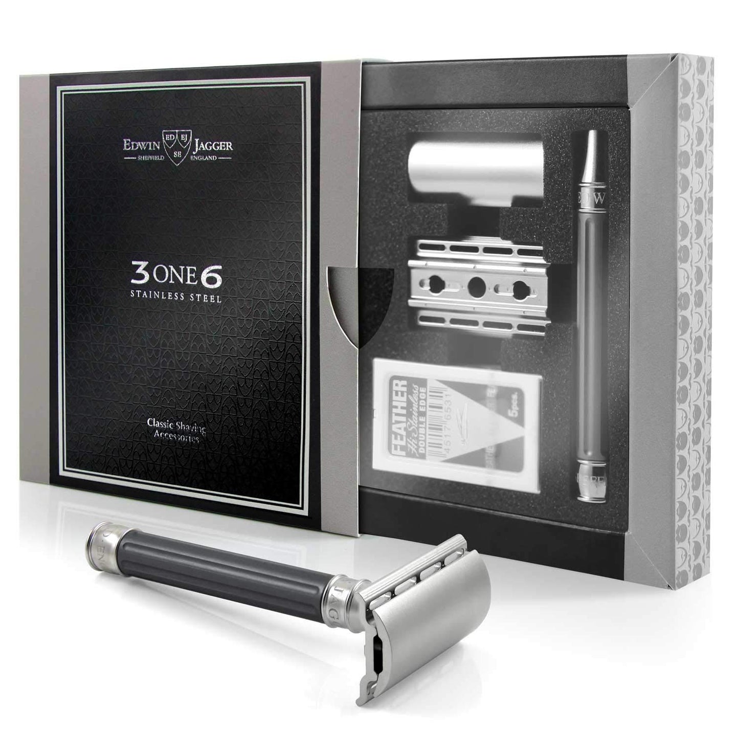 Edwin Jagger 3ONE6 DE Stainless Steel Safety Razor, Grooved, 1x Pack of Feather Razor Blades (Anodized Gun Metal) Beauty and Personal Care Edwin Jagger