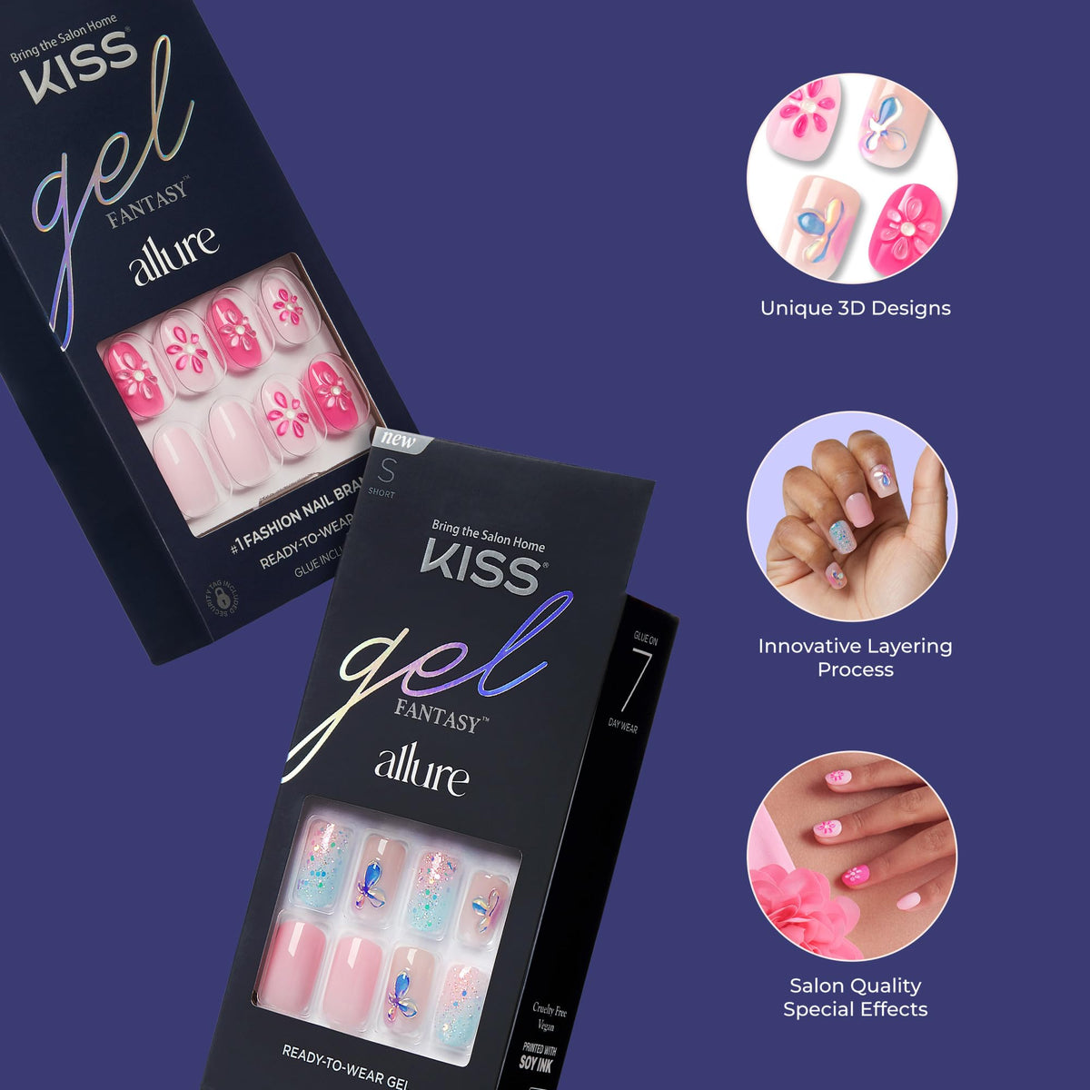 KISS Gel Fantasy Allure Press On Nails, Ready to Wear, 3D Design, Waterproof, Pink Gel Nail Glue 0.07 Oz. (2g), Manicure Stick & Mini File, 28 Count