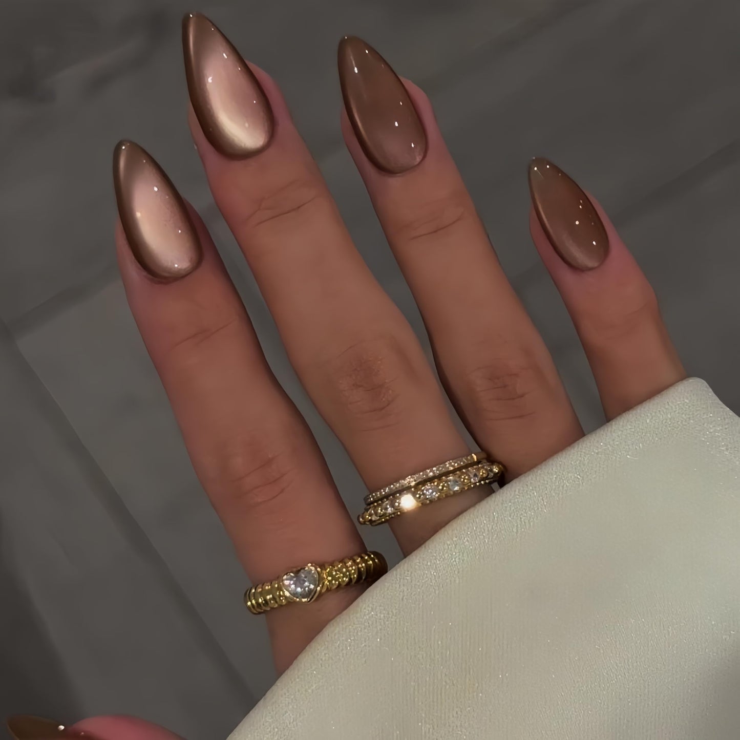 KQueenest Cat Eye Dark Brown Press on Nails Almond, Glitter Press on Nails Medium, Sparkly Shiny Soft Gel Fake Nails Set, Bling Chrome Coffee Glue on Beauty and Personal Care KQueenest Default Title