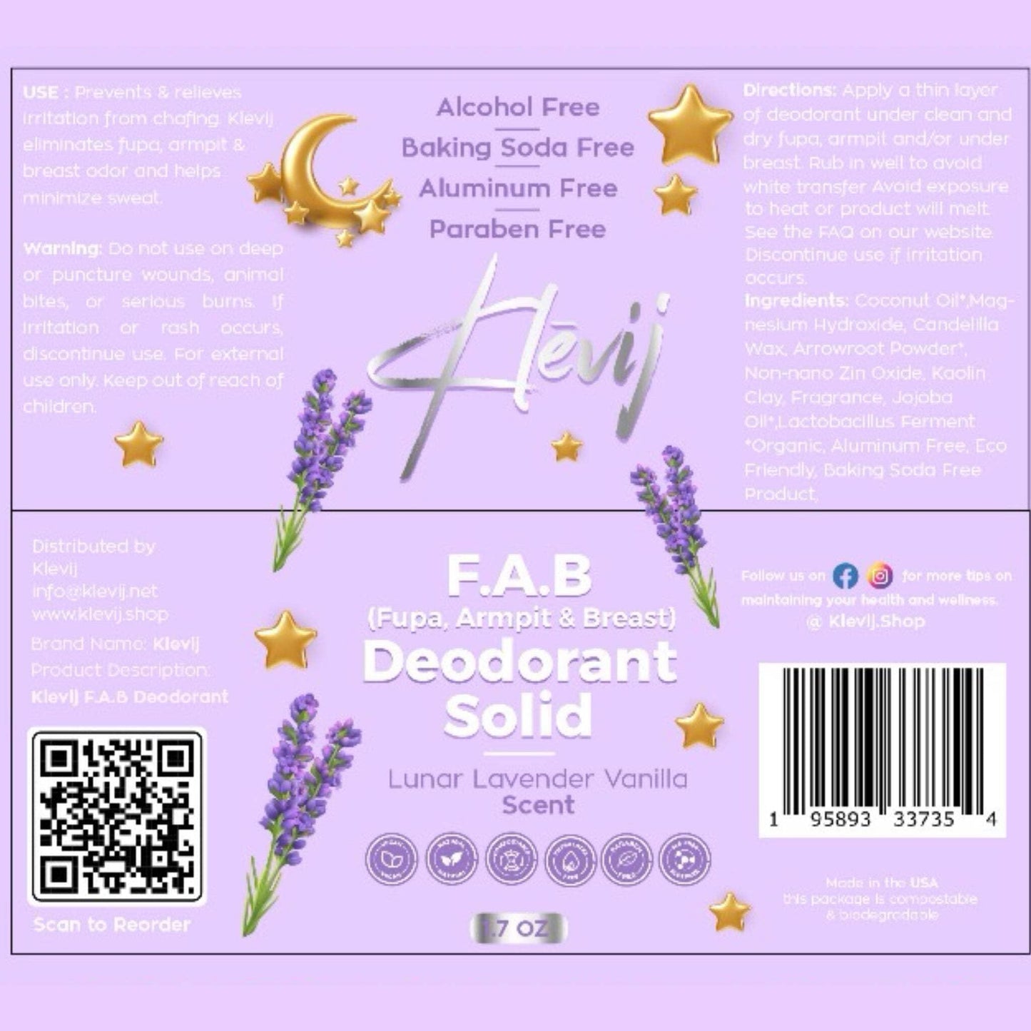 Klevij All Natural F.A.B. Deodorant Lunar Lavender Scent - 1.7 oz Organic, Aluminum -Free Deodorant for Fupa, Armpit, and Breast Areas Beauty and Personal Care Klevij