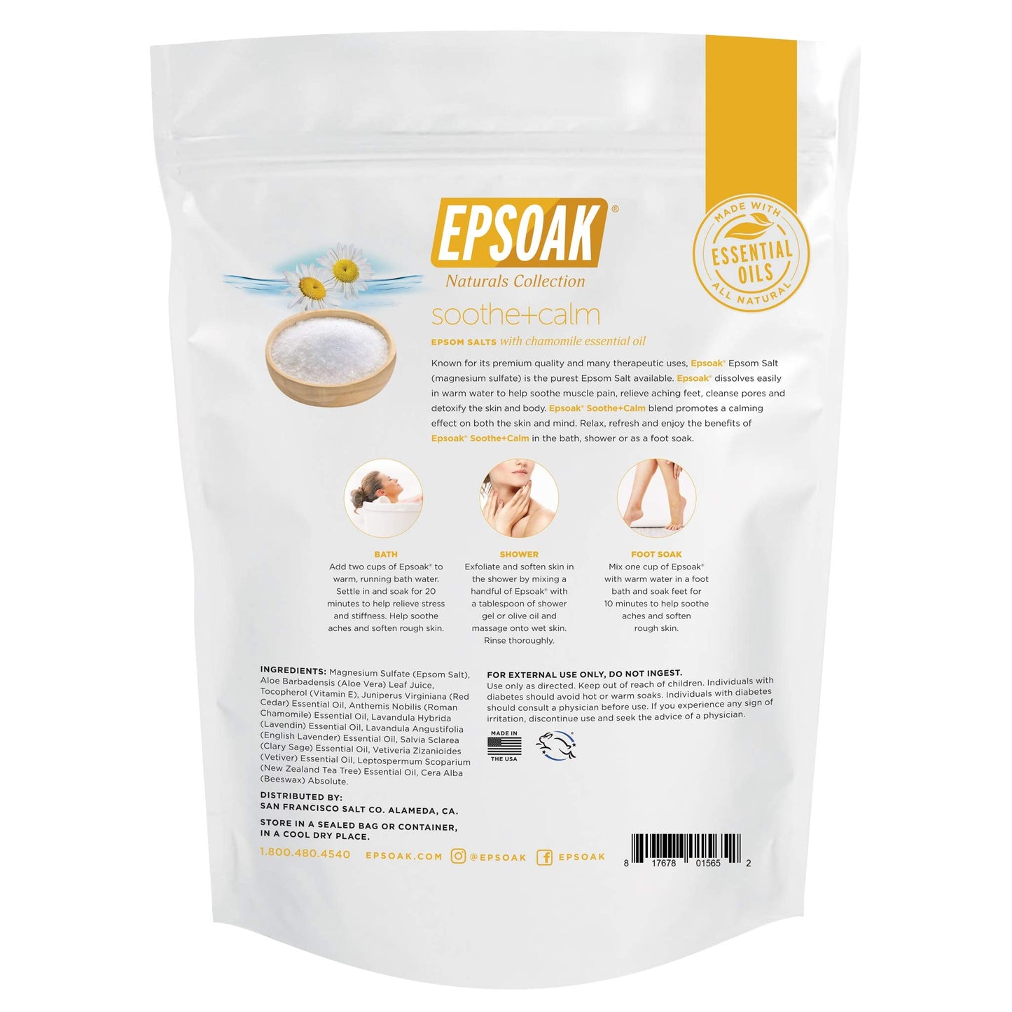 Epsoak Epsom Salt 2 lb. USP Magnesium Sulfate with Soothing + Calming Scent with Chamomile Resealable Epsom Salt Bag, Made in The USA, Cruelty-Free Beauty and Personal Care Epsoak