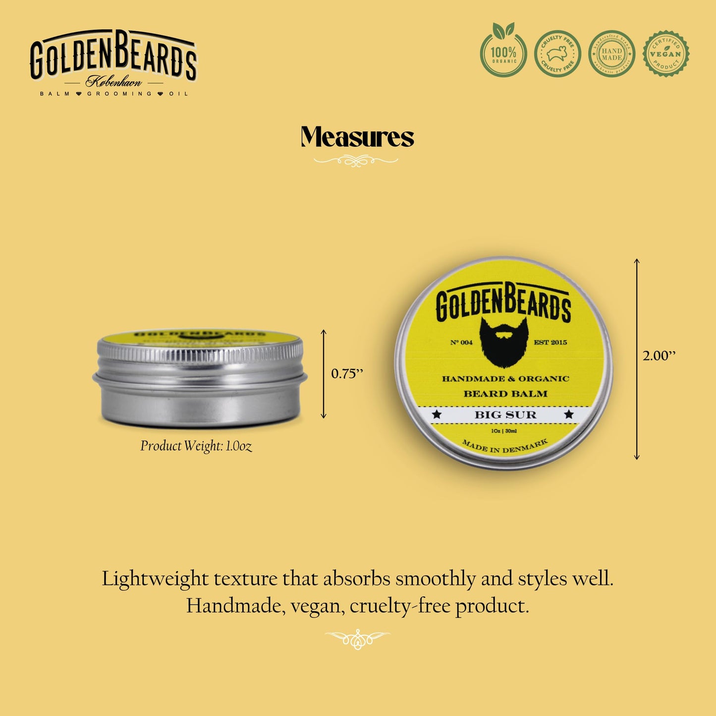 Golden Beards Organic Beard Balm Big Sur - Shea, Cocoa & Argan Butter Blend with Lime & Patchouli Scent - 30ml Vegan Beard Softener & Styling Balm Beauty and Personal Care Golden Beards Kobenhavn BALM GROOMING OIL