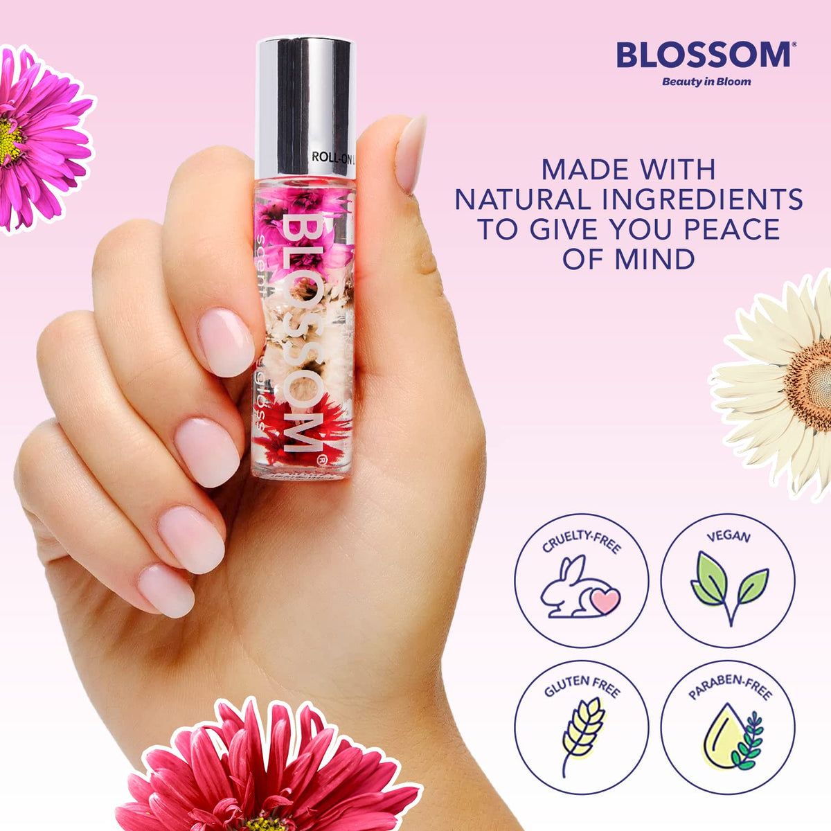 Blossom Roll on Lip Gloss, Scented Clear High Shine Moisturizing Lip Oil, Non Sticky, Infused with Real Flowers, Made in USA, 0.2oz, Cherry Beauty & Personal Care Blossom
