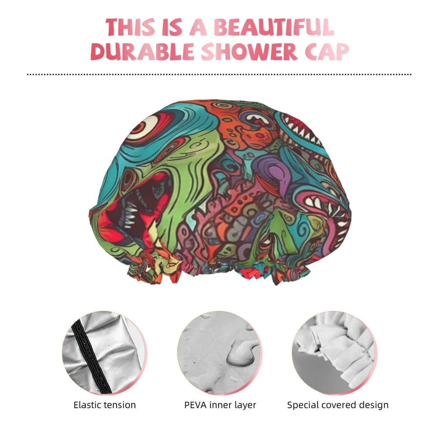 Abstract Monster Shower Cap For Women Reusable Double Layers Bathing Bath Cap Hair Caps Waterproof Elastic Band Ladies Spa Salon Shower Hat Hair Caps Beauty and Personal Care GDSHJKLW