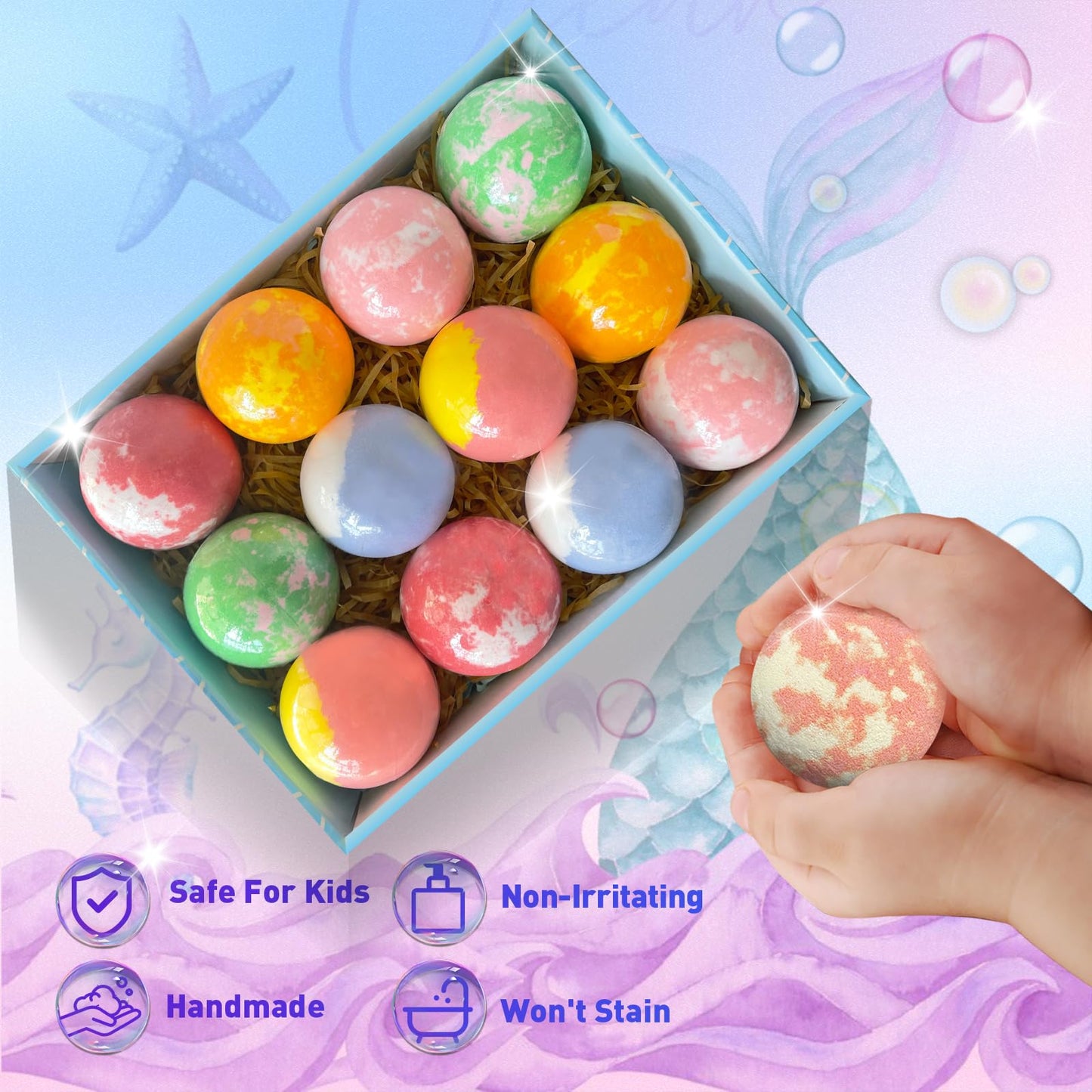 Bath Bombs for Kids with Surprise Inside, 12pcs Kids Bath Bombs with Mermaid Toys Gift Set for Girls, Shea & Coco Butter Dry Skin Moisturize, Birthday Beauty and Personal Care Santrela