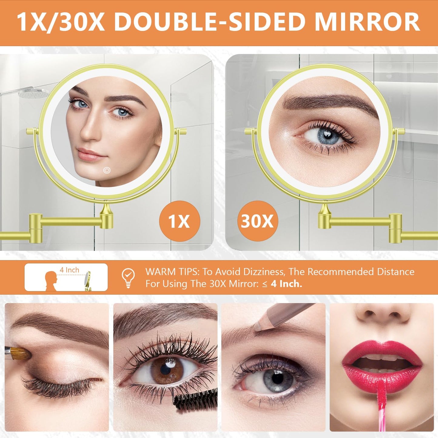 Auxmir 1X/30X Wall Mounted Makeup Mirror with Light, 8" Rechargeable Double-Sided Magnifying Mirror, Vanity Mirror Dimmable 3 Color Light, 360ยฐ Beauty and Personal Care Auxmir