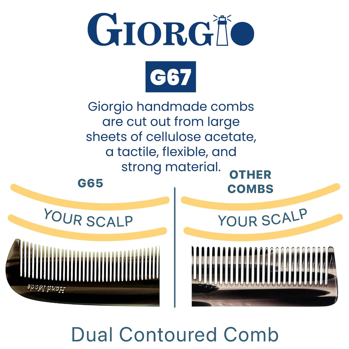 Giorgio G67 Contour Comb - Fine Tooth & Wide Tooth Comb for Thick & Thin Hair - Men, Women & Kids - Saw Cut, Handmade & Hand Polished (7")