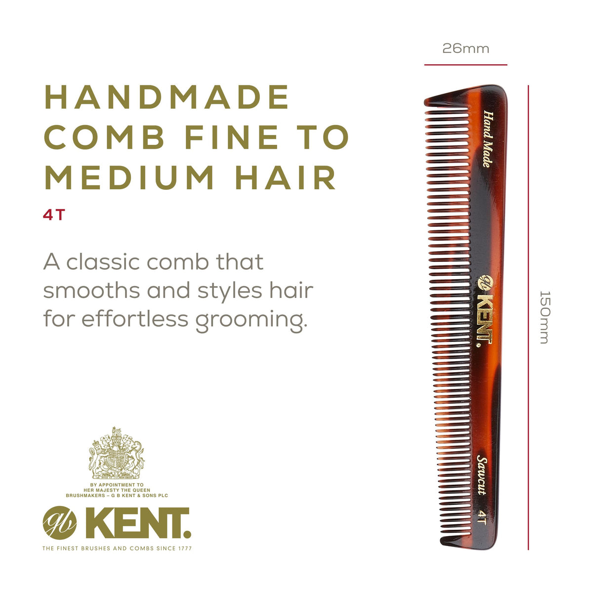 Kent 4T 6 Inch Double Tooth Dressing Comb, Coarse and Fine Grooming Comb for Hair, Beard, Mustache - Styling for Men, Women, and Kids. Made in England