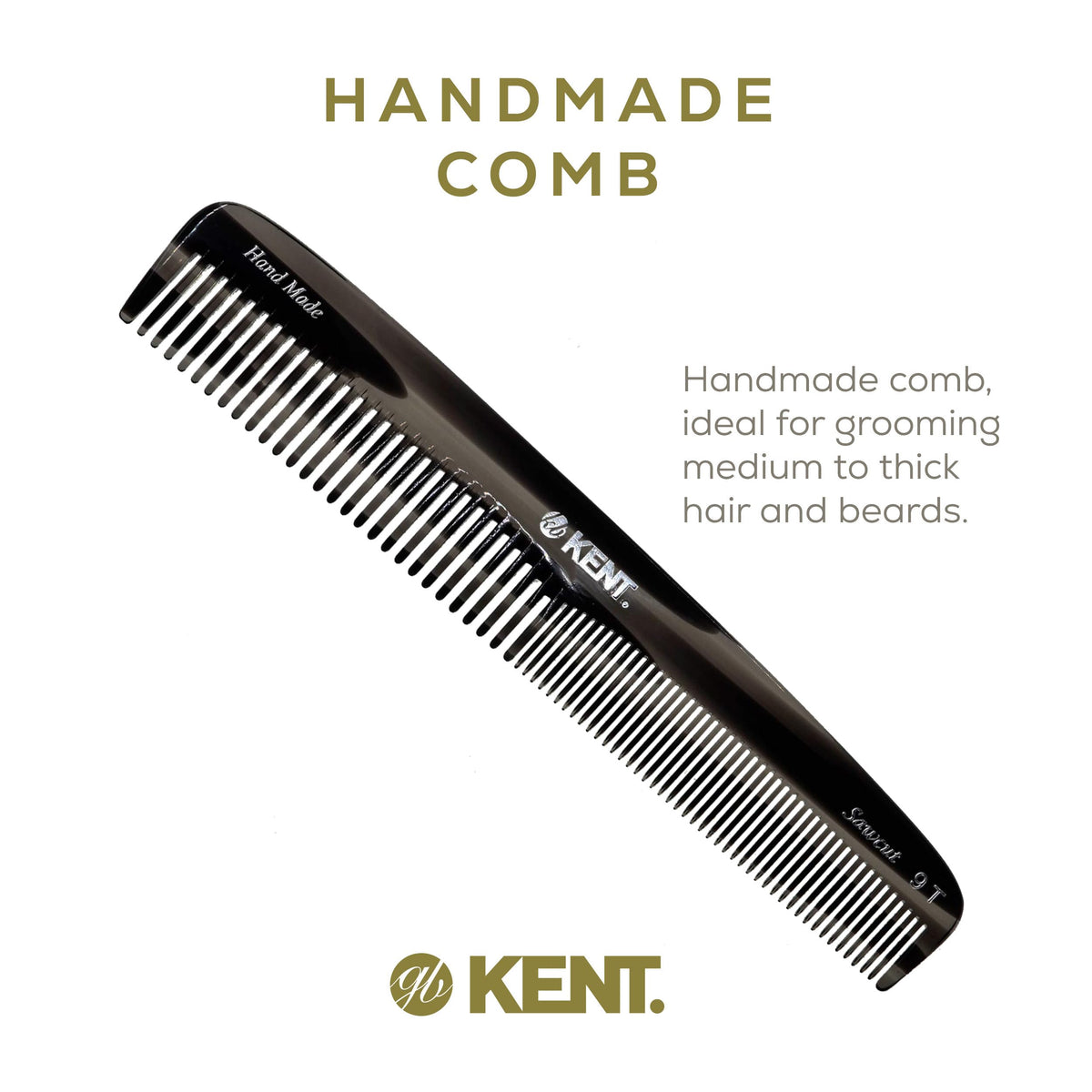 Kent 9T Black Graphite Fine Tooth and Wide Tooth Detangler Comb - Large Handmade Dressing Comb for Wet Hair and Durable Grooming, Hand Polished,