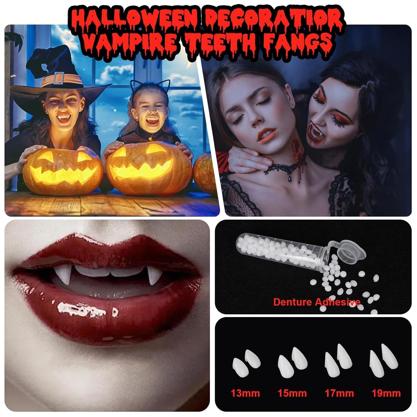 Vampire Fangs Kit with Black Lipstick & Fake Blood - 4 Pairs 4 Sizes SFX Fake Teeth, Vampire Blood & Goth Lipstick for Halloween Cosplay Makeup Beauty & Personal Care Js2U ZW