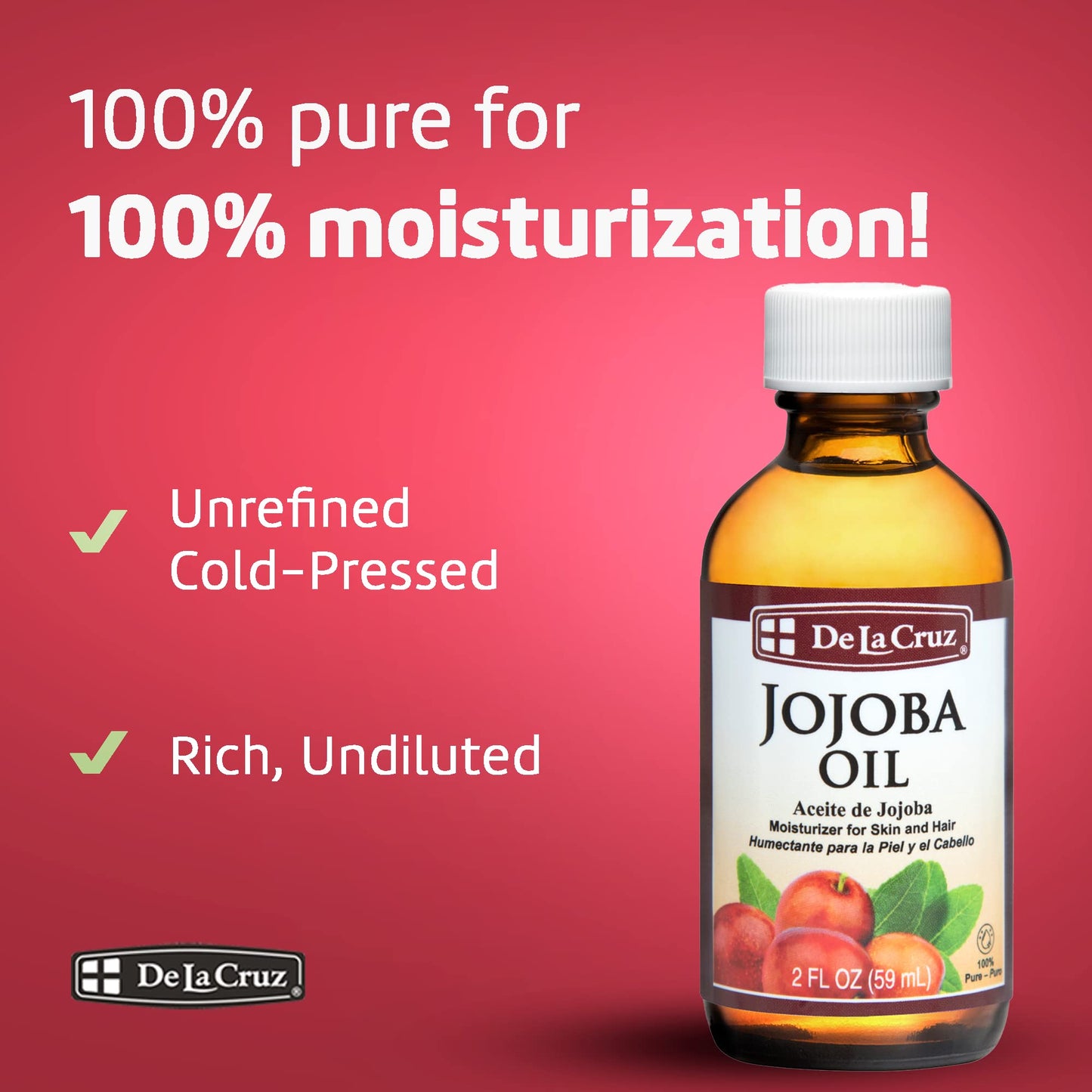 De La Cruz 100% Pure Cold-Pressed Golden Jojoba Oil - Organic Jojoba Oil for Hair and Skin - 2 FL OZ - 59 mL Beauty & Personal Care De La Cruz