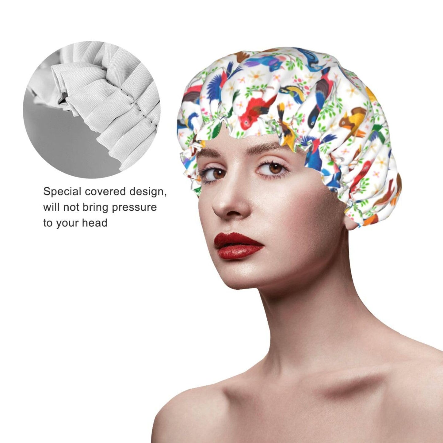 Birds Pattern Shower Cap For Women Reusable Waterproof Double Layers Bath Cap Hair Protection Elastic Ladies Spa Salon Shower Hat Beauty and Personal Care YUZEKABZ