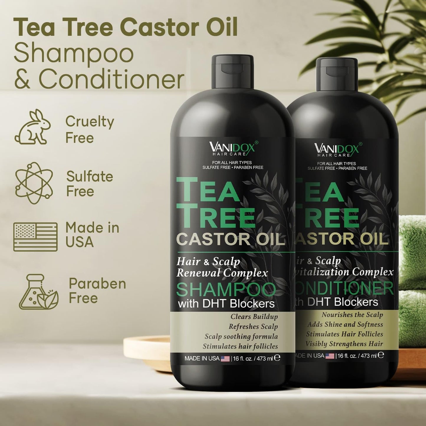 Tea Tree Oil Shampoo and Conditioner Set with Castor Oil, DHT Blockers, Itchy Scalp Relief, Supports Fuller Hair, Cleanses Dandruff & Buildup, For Men Beauty & Personal Care VANIDOX