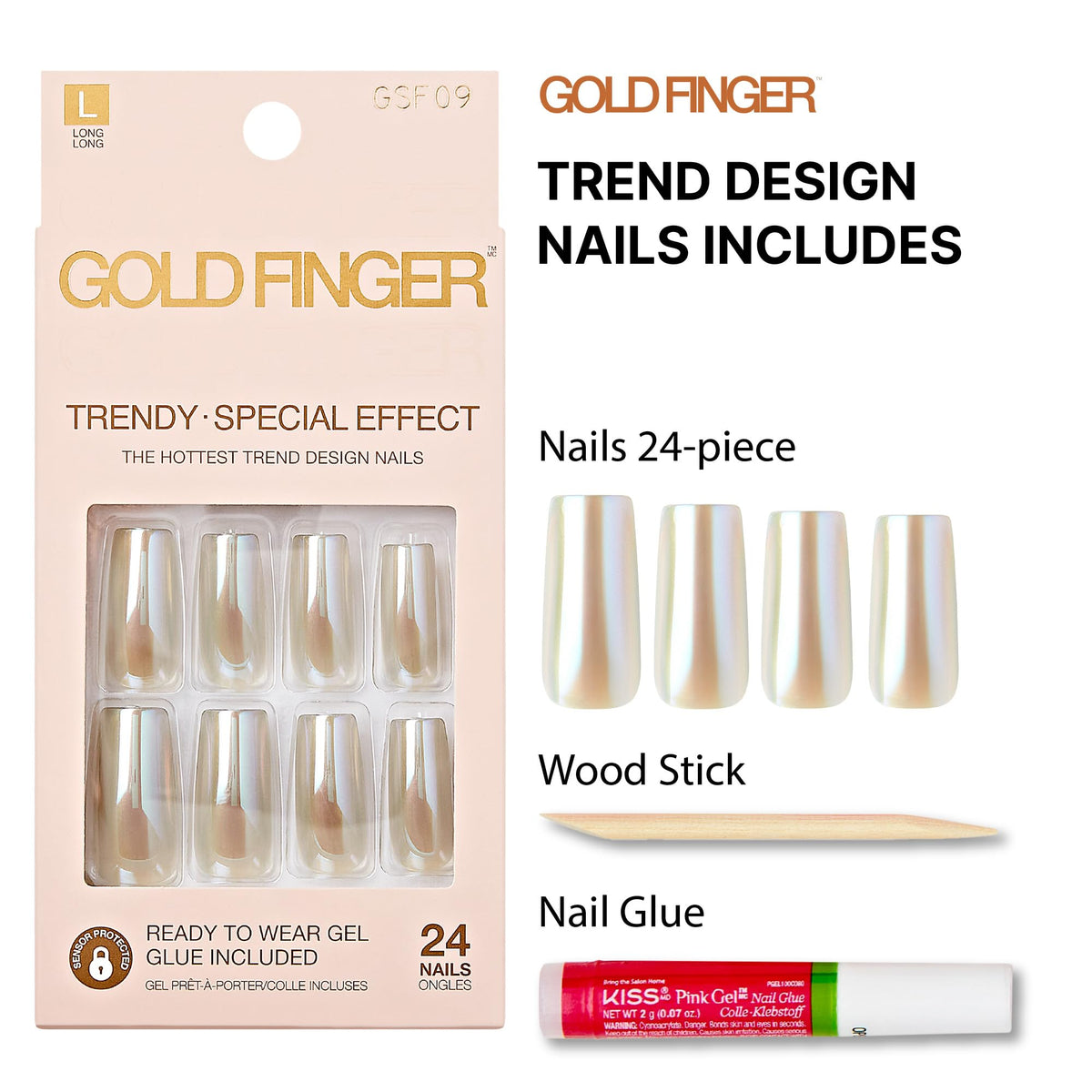 GoldFinger False Nails Kit, Special Chrome Effect, Long Square Metallic Silver Design Nail, Long-Lasting Hottest Trend Press on Nails, Convenient