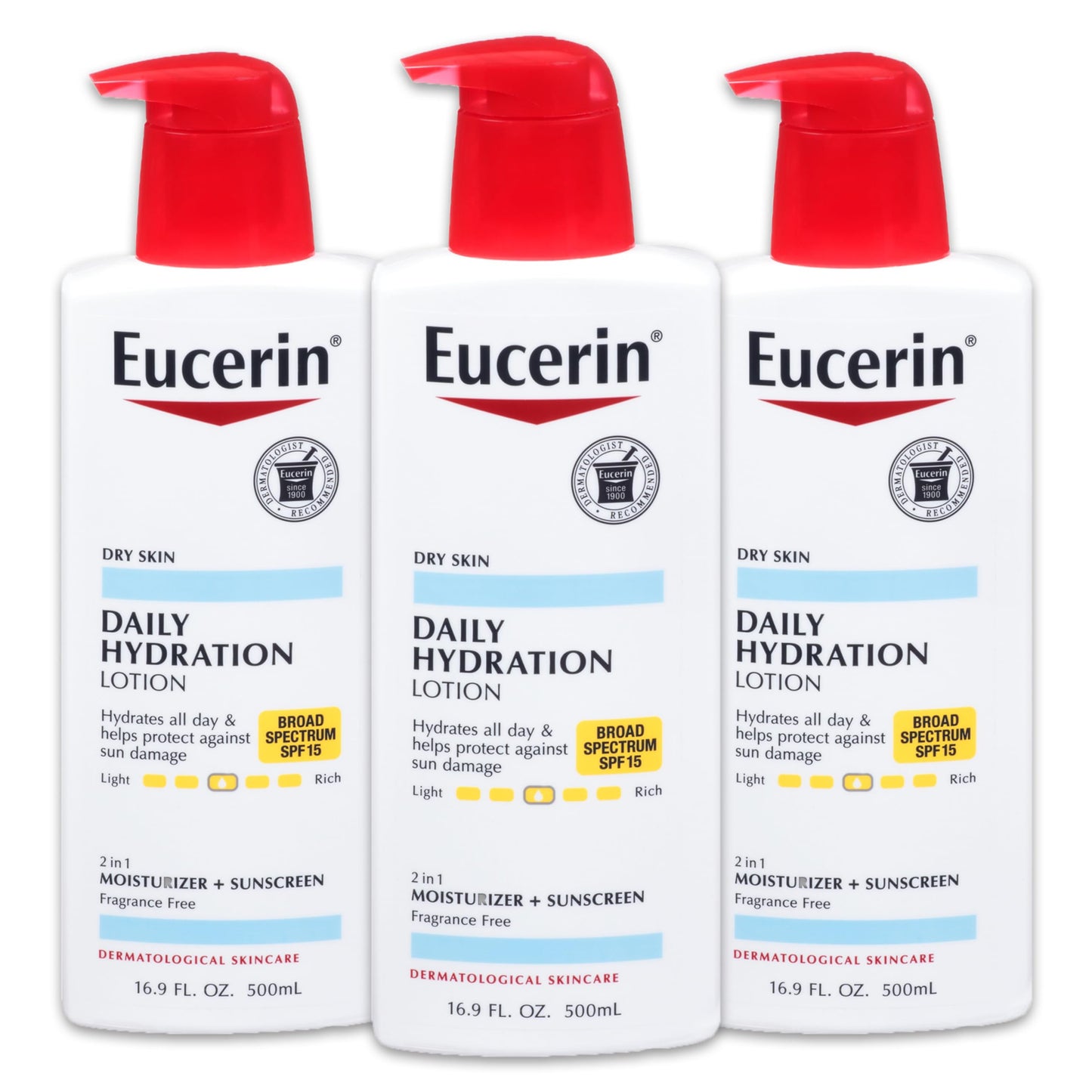 Eucerin Daily Hydration Lotion with SPF 15 - Broad Spectrum Body Lotion for Dry Skin - 16.9 fl. Oz. Pump Bottle (Pack of 3) Beauty & Personal Care Eucerin